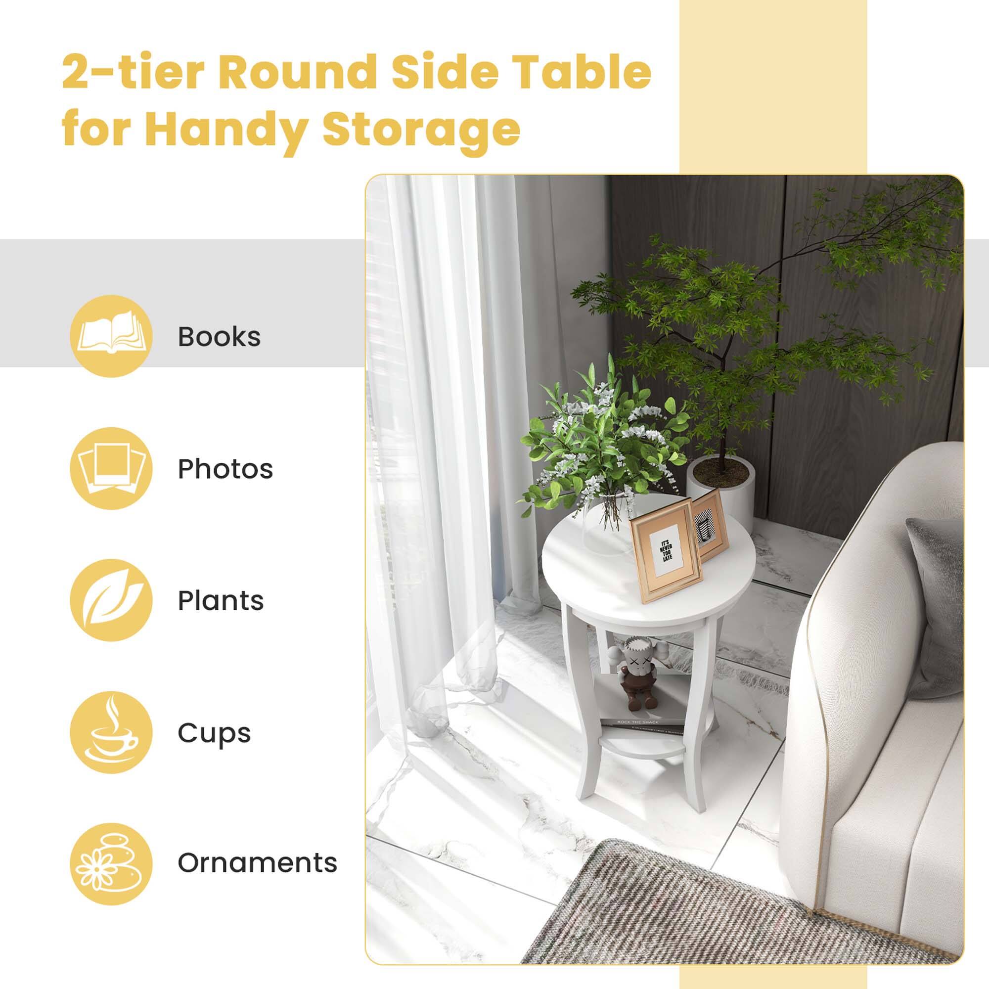 2-tier Round Side Table for Handy Storage: Books, Photos, Plants, Cups, Ornaments