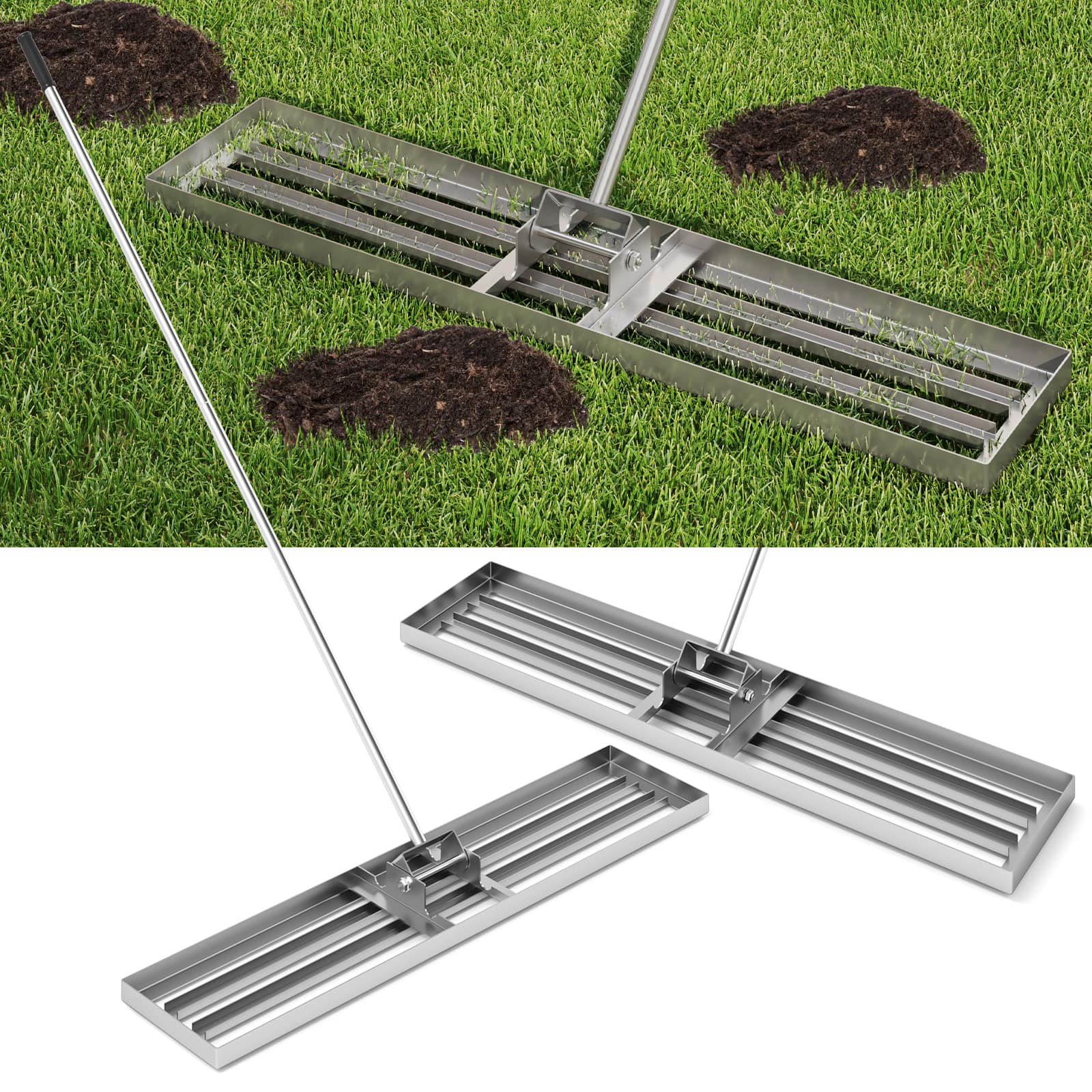 Gymax - 30'' x 10'' Heavy Duty Lawn Level Tool for Soil w/ 67'' Handle Dirt Ground Leveler - Silver