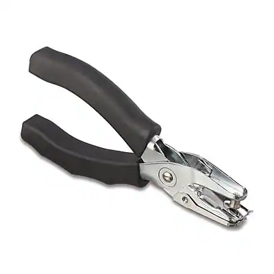 Front. Staples - Premium Handheld Hole Punch, 6 Sheet Capacity, Silver/Black (ST10577-CC).
