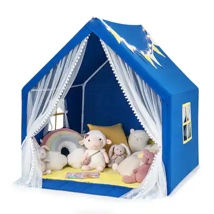 Front. Costway - Costway Large Play Tent Kids & Toddlers Playhouse with Washable Cotton Mat, Star Lights - Blue.