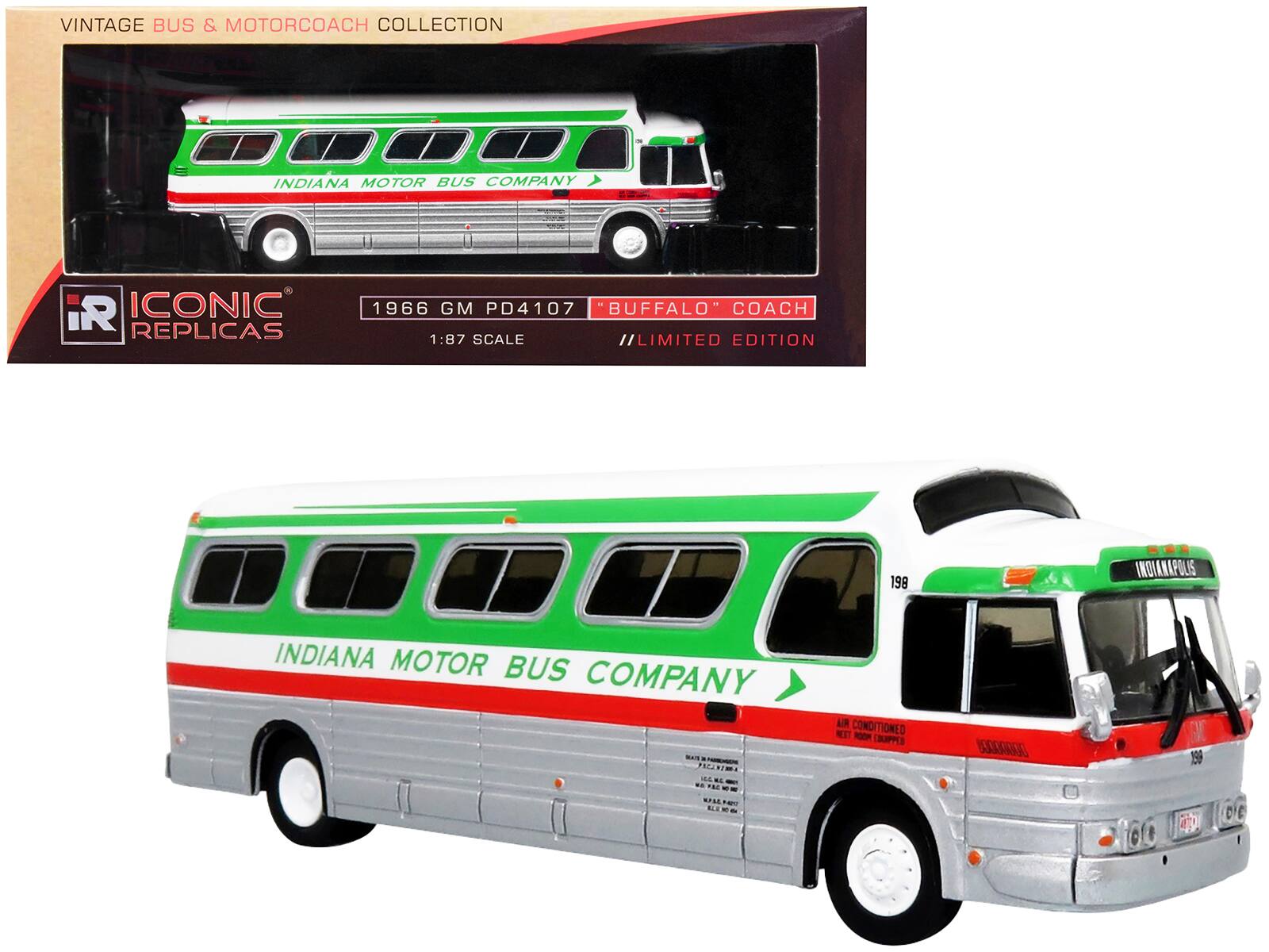 VINTAGE BUS & MOTORCOACH COLLECTION  
INDIANA MOTOR BUS COMPANY  
1966 GM PD4107 "BUFFALO" COACH  
1:87 SCALE  
//LIMITED EDITION  

ICONIC REPLICAS  

INDIANA MOTOR BUS COMPANY  
INDIANAPOLIS  
198  
CONDITIONED  
AIR CONDITIONED  
160