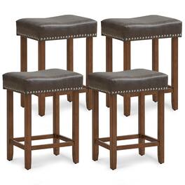 Gymax - Bar Stool Set of 4 24-Inch Counter Height Saddle Stools w/ PU Leather Upholstery Gray & Brown - Gray, Brown