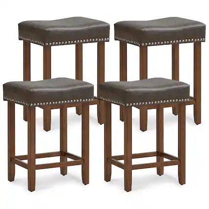 Front. Gymax - Gymax Bar Stool Set of 4 24-Inch Counter Height Saddle Stools w/ PU Leather Upholstery Gray & Brown - Gray, Brown.