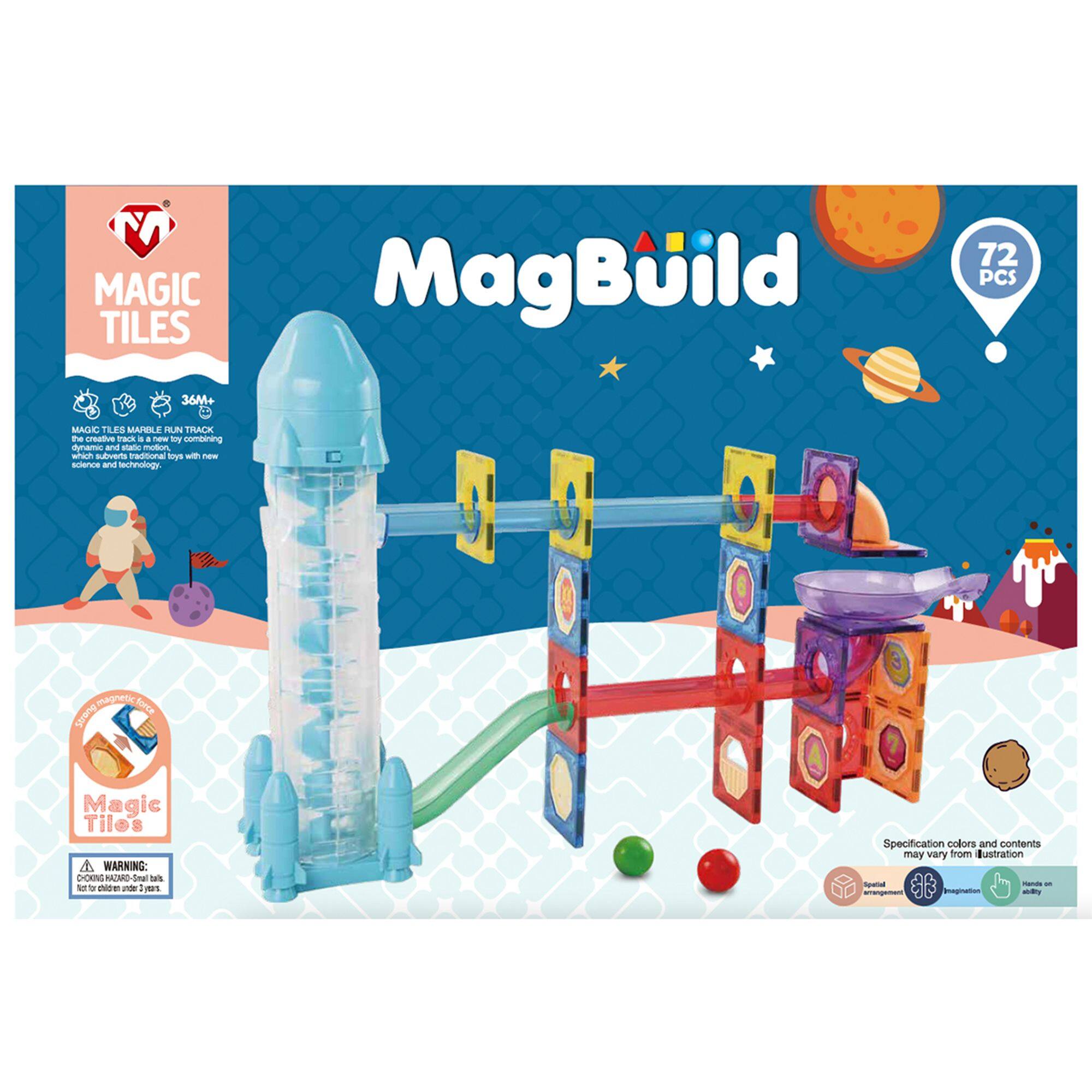 $ MAGIC TILES  
MagBuild  
72 PCS  
36M+  
MAGIC TILES MARBLE RUN TRACK the creative track 8: new by combining dynamic and static motion, which subverts traditional toys with new science and technology.  
magnetic force Strong  
MAGIC TILES A WARNING: CHOKING HAZARD-Small parts. Not for children under 3 years.  
Specification colors and contents may vary from illustration  
Special Hands at arrangement  
Imagination Agos