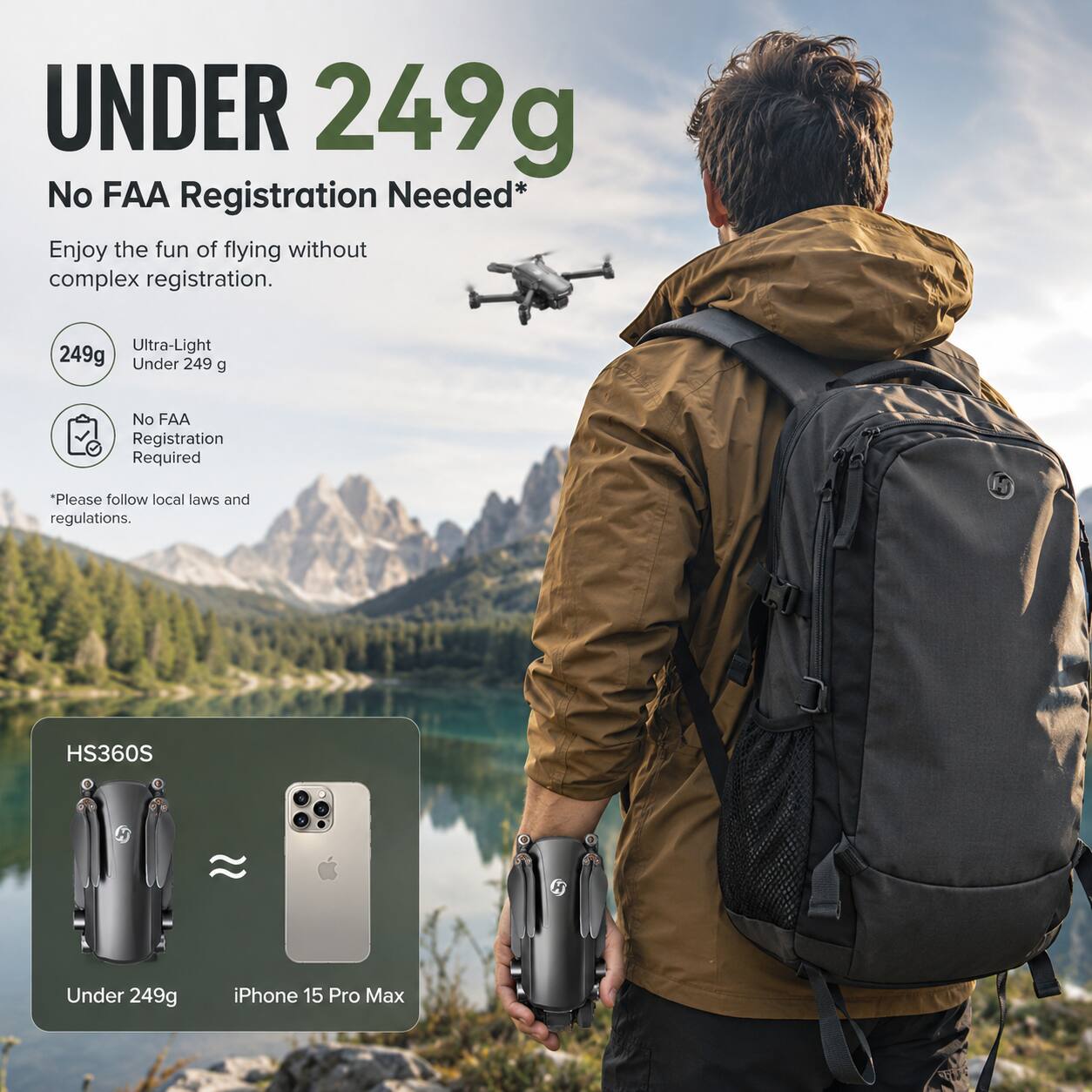 UNDER 249g  
No FAA Registration Needed*  
Enjoy the fun of flying without complex registration.  

Ultra-Light  
Under 249 g  

No FAA Registration Required  

*Please follow local laws and regulations.  

HS360S  
Under 249g  
iPhone 15 Pro Max