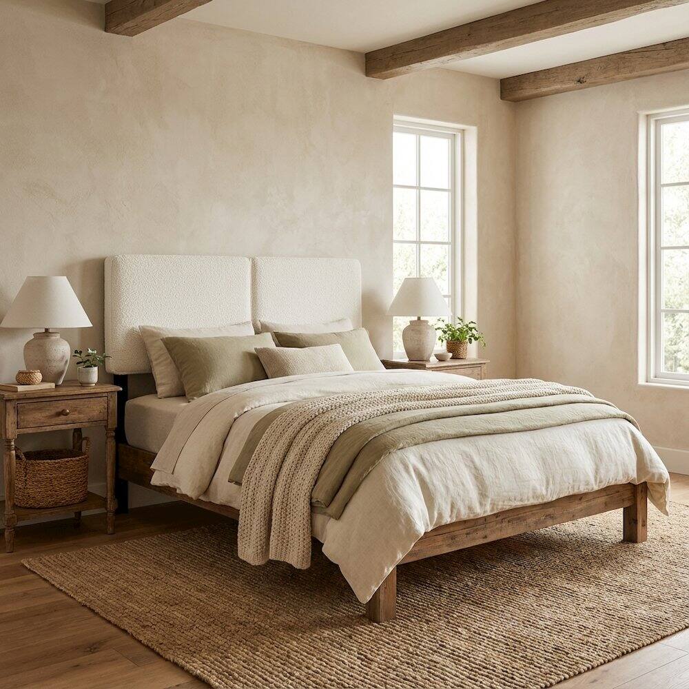 Angle. FurniFact - Boucle Fabric Full Headboard with Soft Textured Upholstery and Durable Build - Beige.