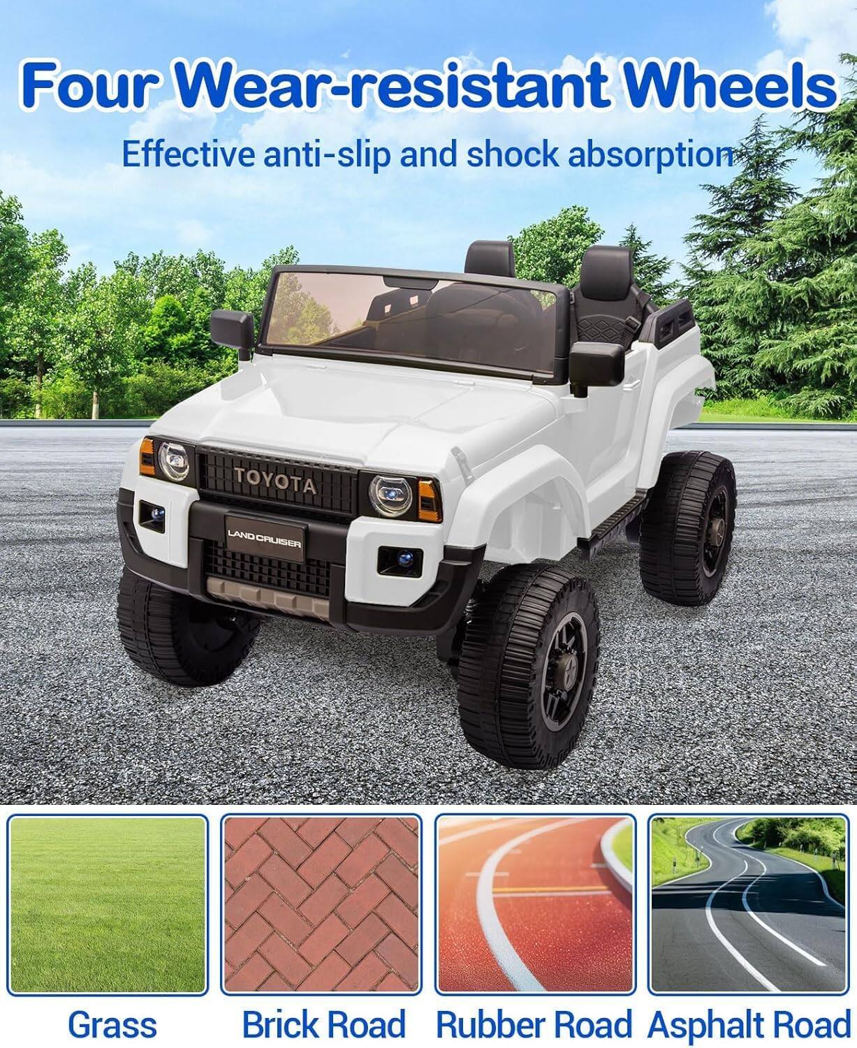 Four Wear-resistant Wheels  
Effective anti-slip and shock absorption  

Grass  
Brick Road  
Rubber Road  
Asphalt Road