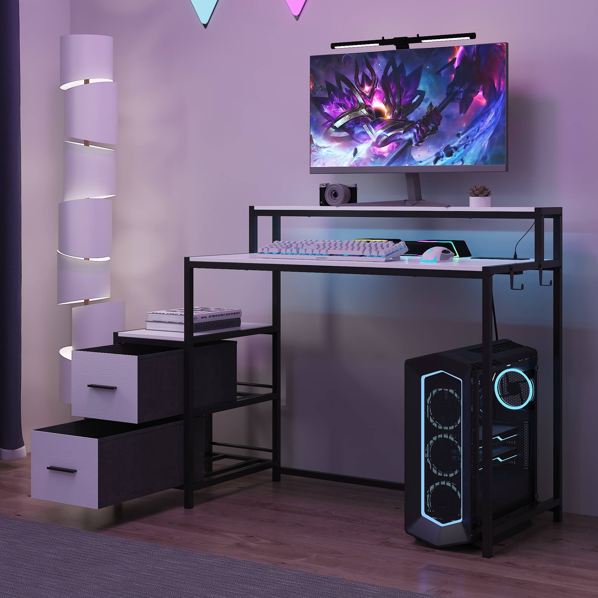 Angle. Famapy - Gaming Desk with RGB Lights, Built-in Power Outlets, Cable Management & Storage for Immersive Setup - White & Black.
