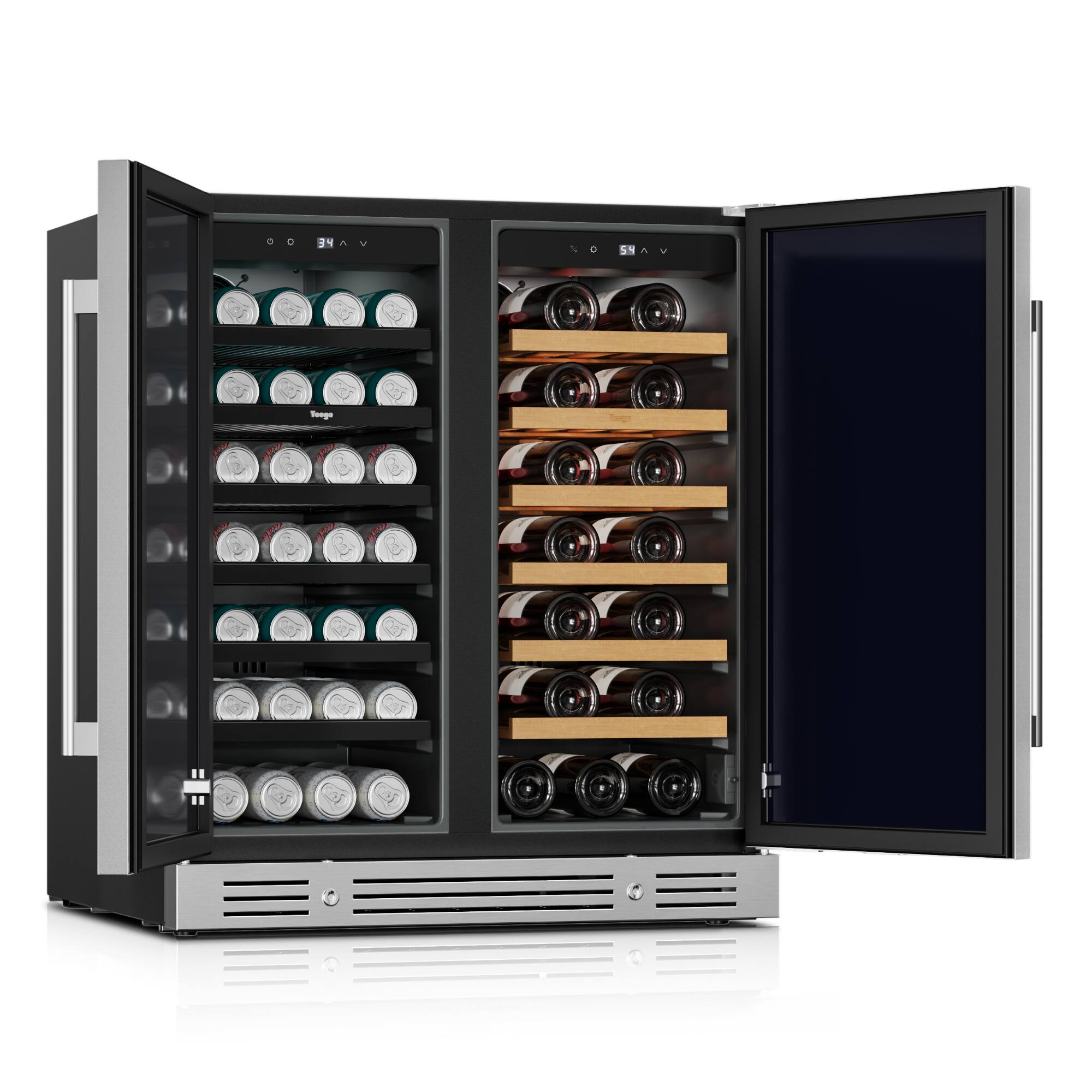 Left. Yeego - 30 Inch Wine and Beverage Cooler 34-65°F Dual Zone, Holds 80 Cans & 33 Bottles, Kitchen, & Outdoor Use - Stainless Steel.