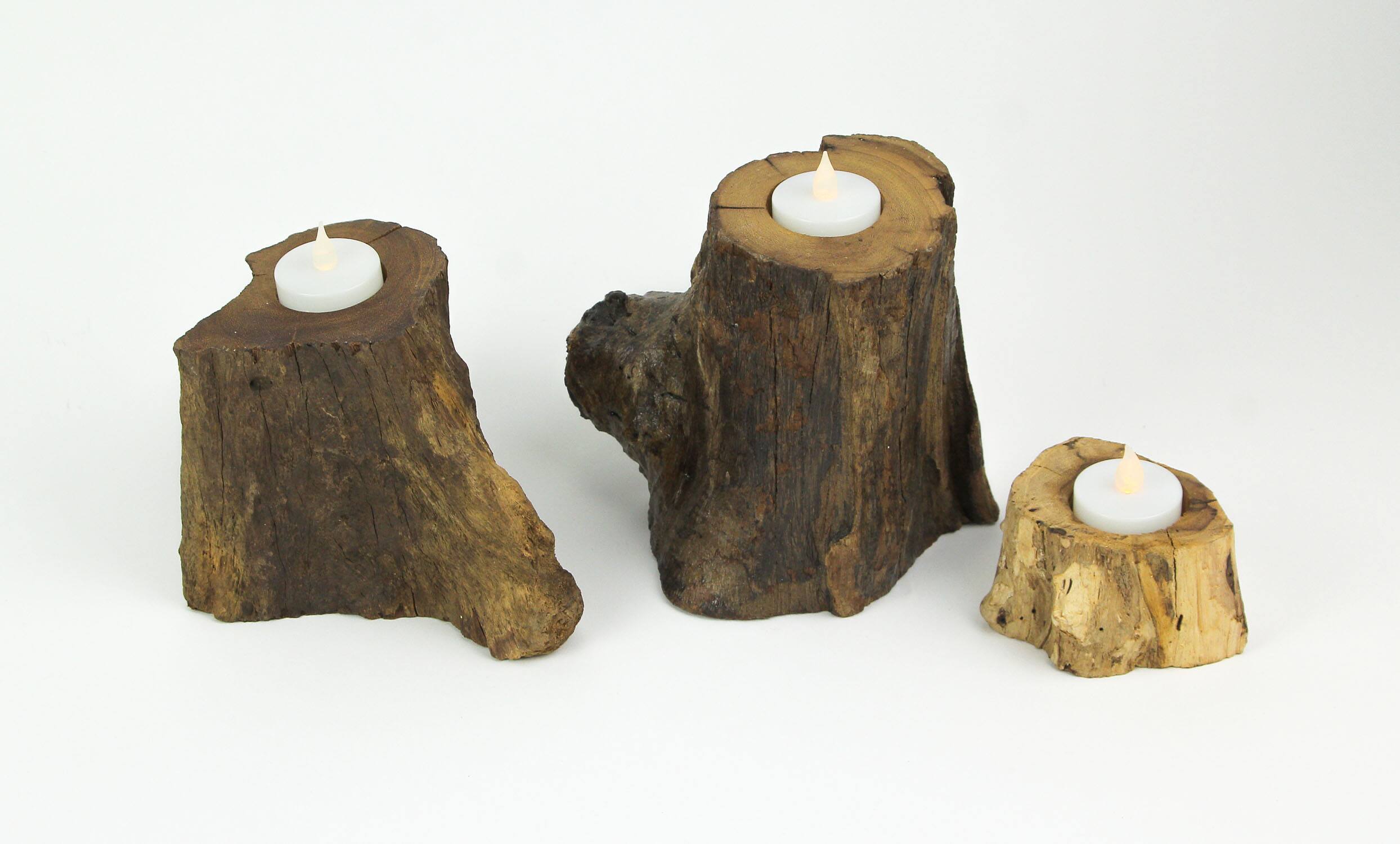 Alt View 2. Things2Die4 - Set of 3 Natural Gamal Branch Wooden Single Tealight Candle Holders - Brown.