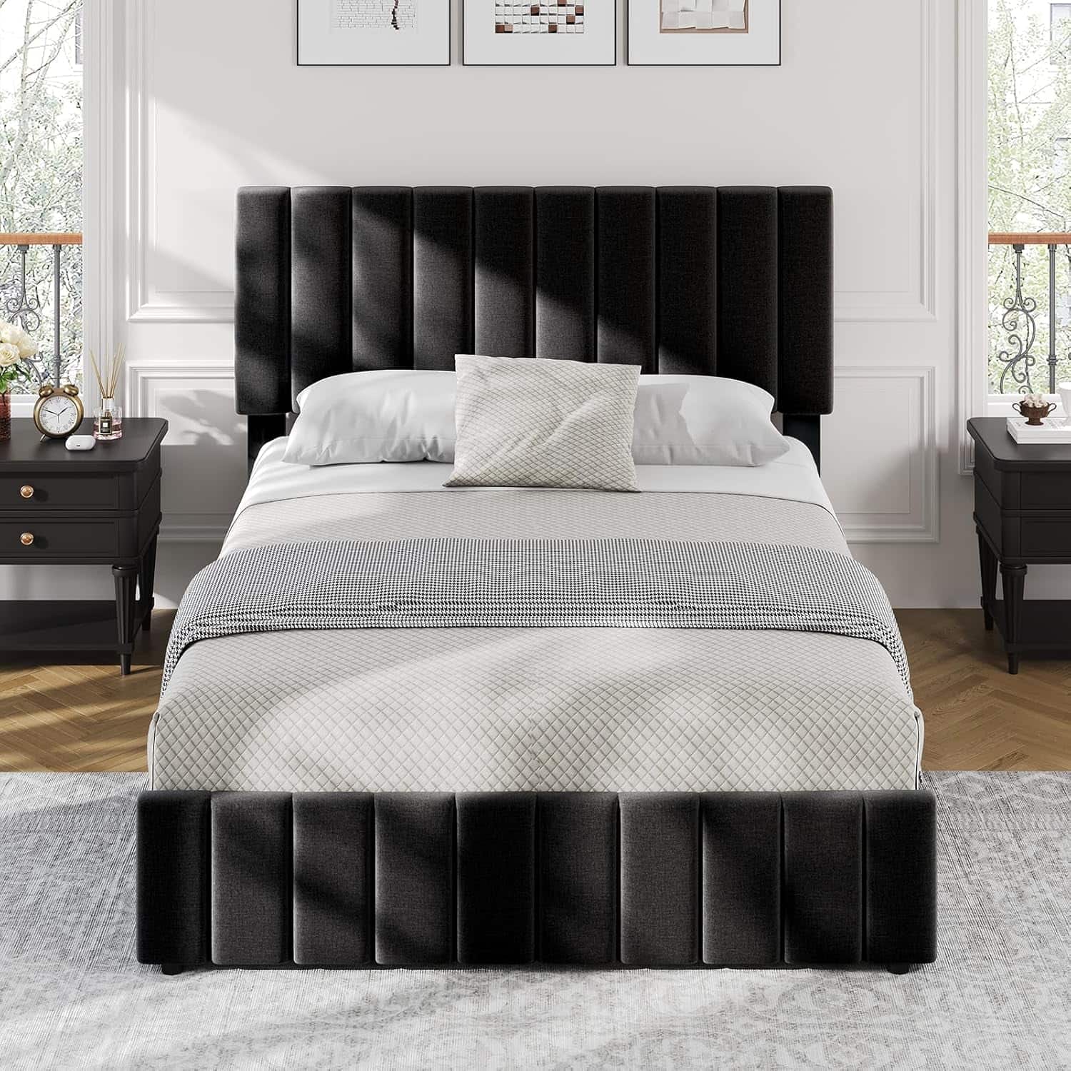 GARVEE - Queen Upholstered Bed Frame Black 4 Storage Drawers Adjustable Headboard No Box Spring Modern - Black Queen