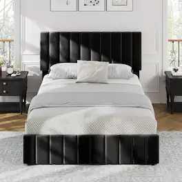 GARVEE - Queen Upholstered Bed Frame Black 4 Storage Drawers Adjustable Headboard No Box Spring Modern - Black Queen