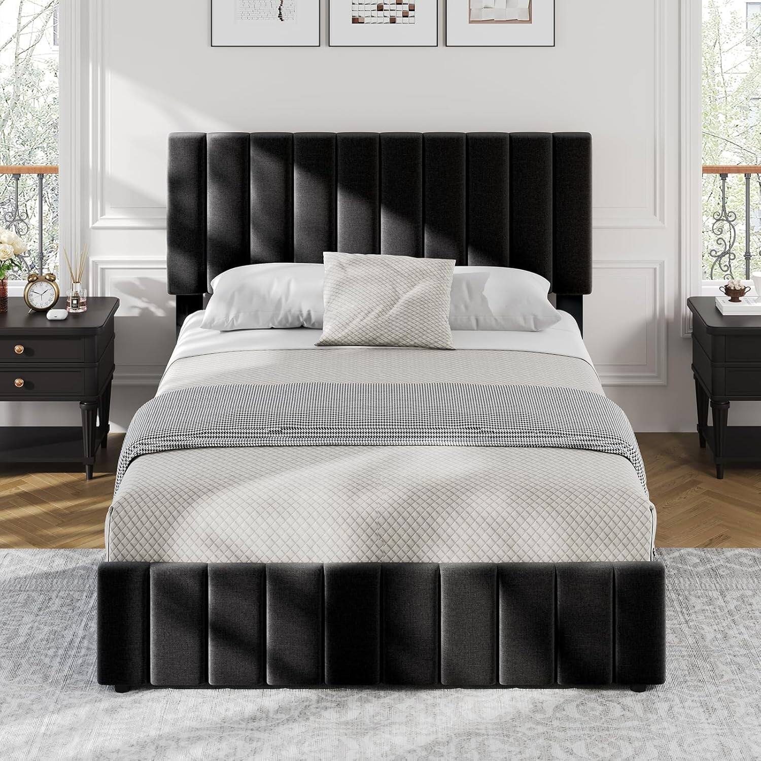 Front. GARVEE - Queen Upholstered Bed Frame Black 4 Storage Drawers Adjustable Headboard No Box Spring Modern - Black Queen.