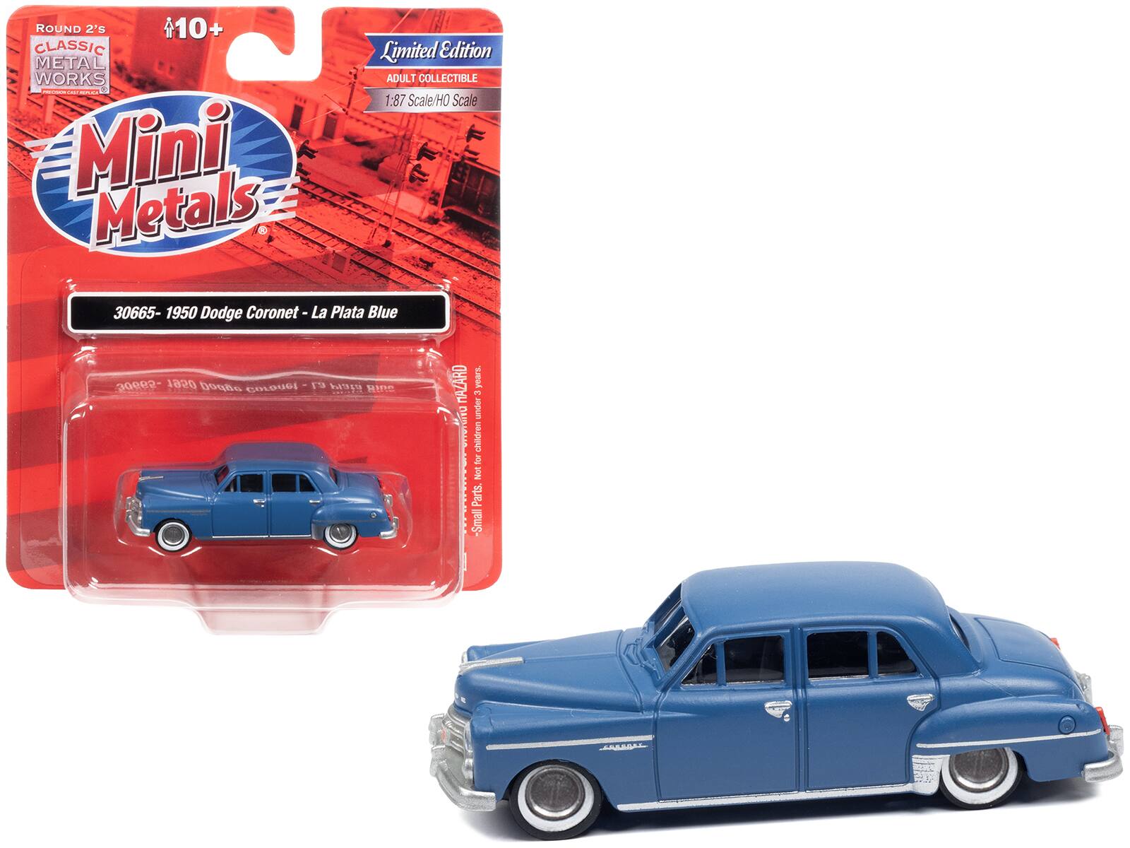 ROUND 2's CLASSIC METAL WORKS  
Mini Metals  
Limited Edition  
ADULT COLLECTIBLE  
1:87 Scale/HO Scale  

30665 - 1950 Dodge Coronet - La Plata Blue  

Small Parts. Not for children under 3 years.