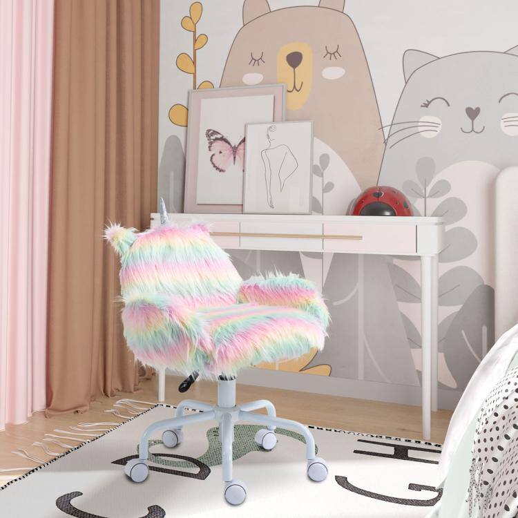 Alt View 1. PULUZ - Fluffy Unicorn Office Chair with Mid-Back and Armrest Support, 5 Star Swivel Wheel White Base - Rainbow.