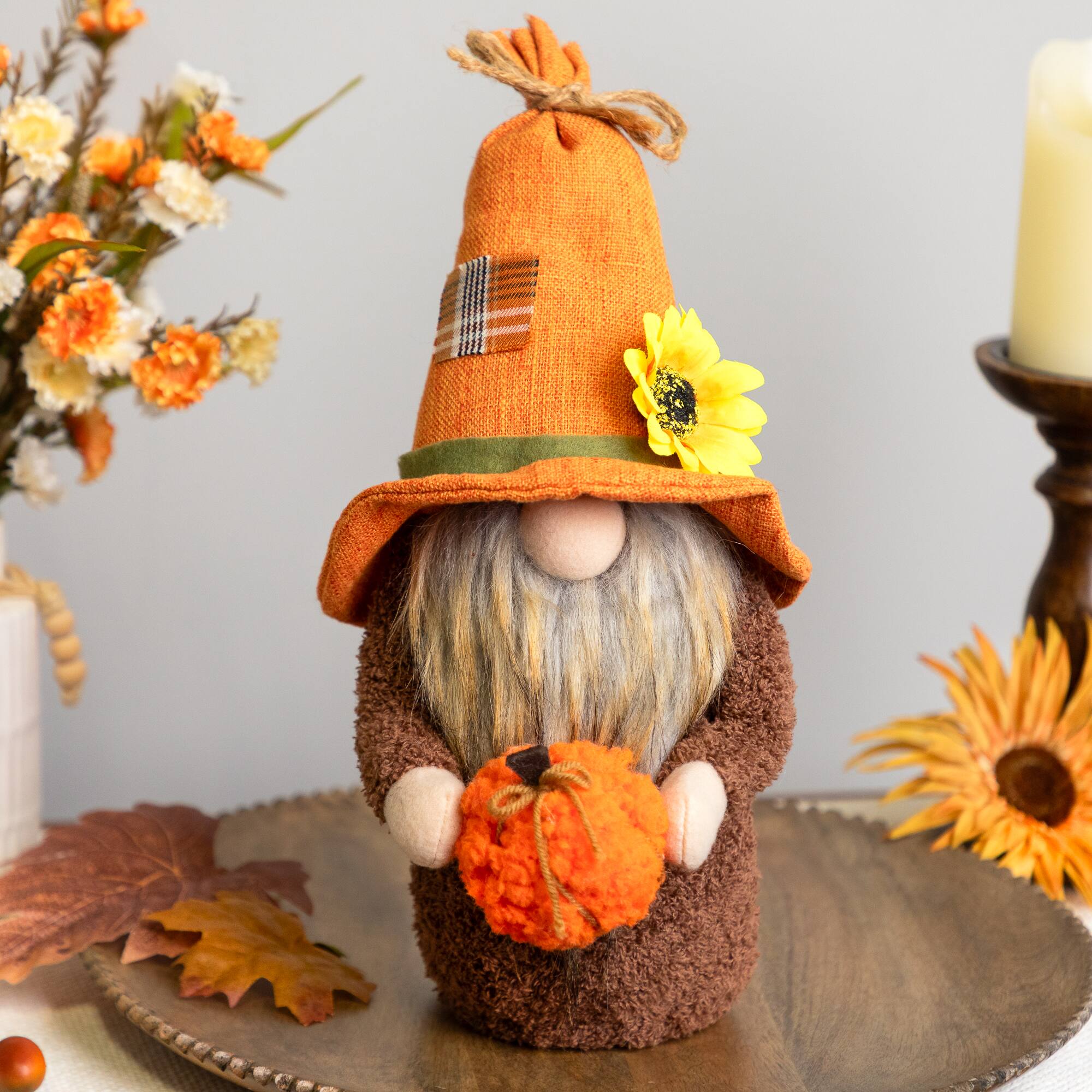 Front. Northlight - Sunflower and Pumpkin Gnome Fall Harvest Decoration - 13" - Orange.