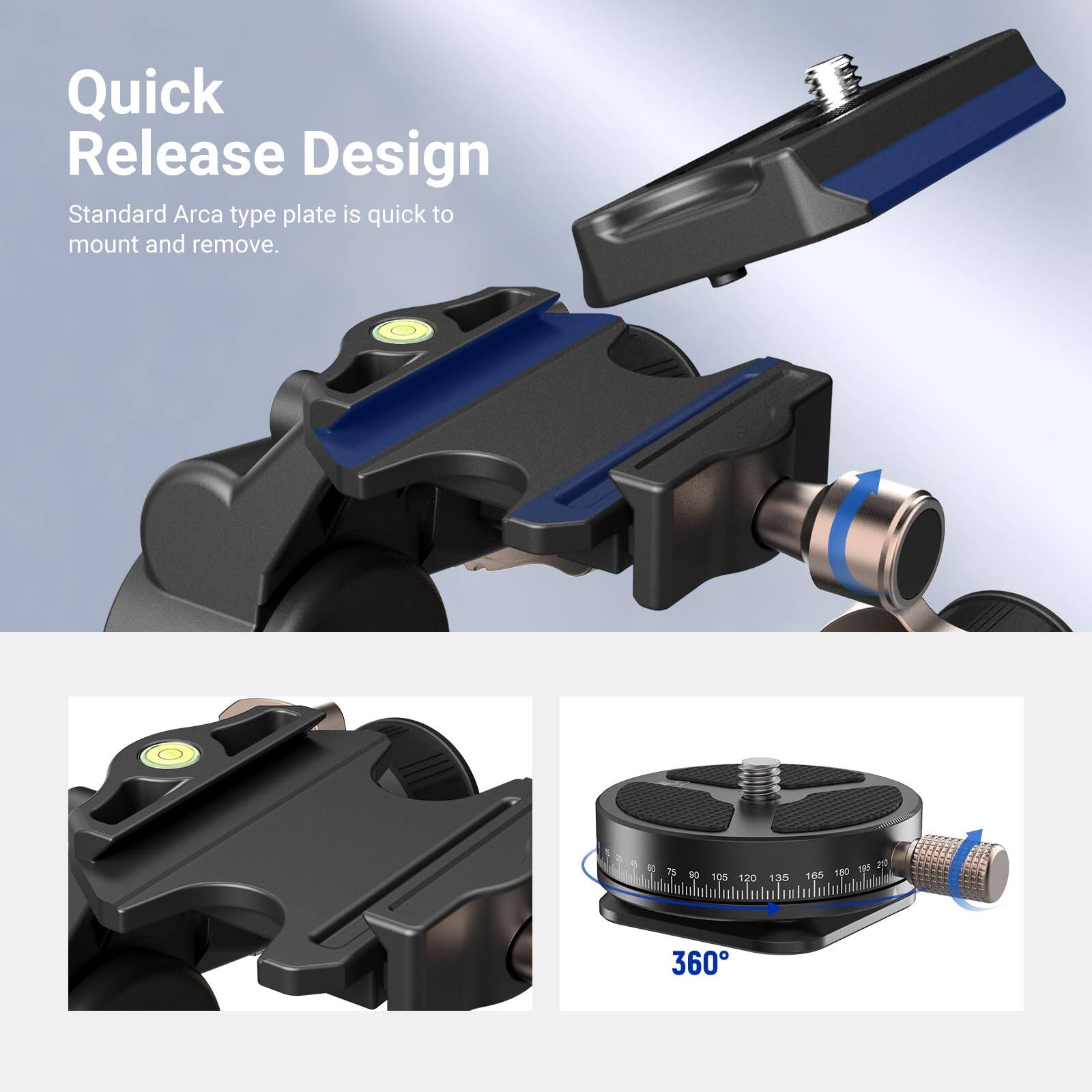 Quick Release Design  
Standard Arca type plate is quick to mount and remove.

9  
50  
75  
90  
105 120 135  
180 195 165  
360
