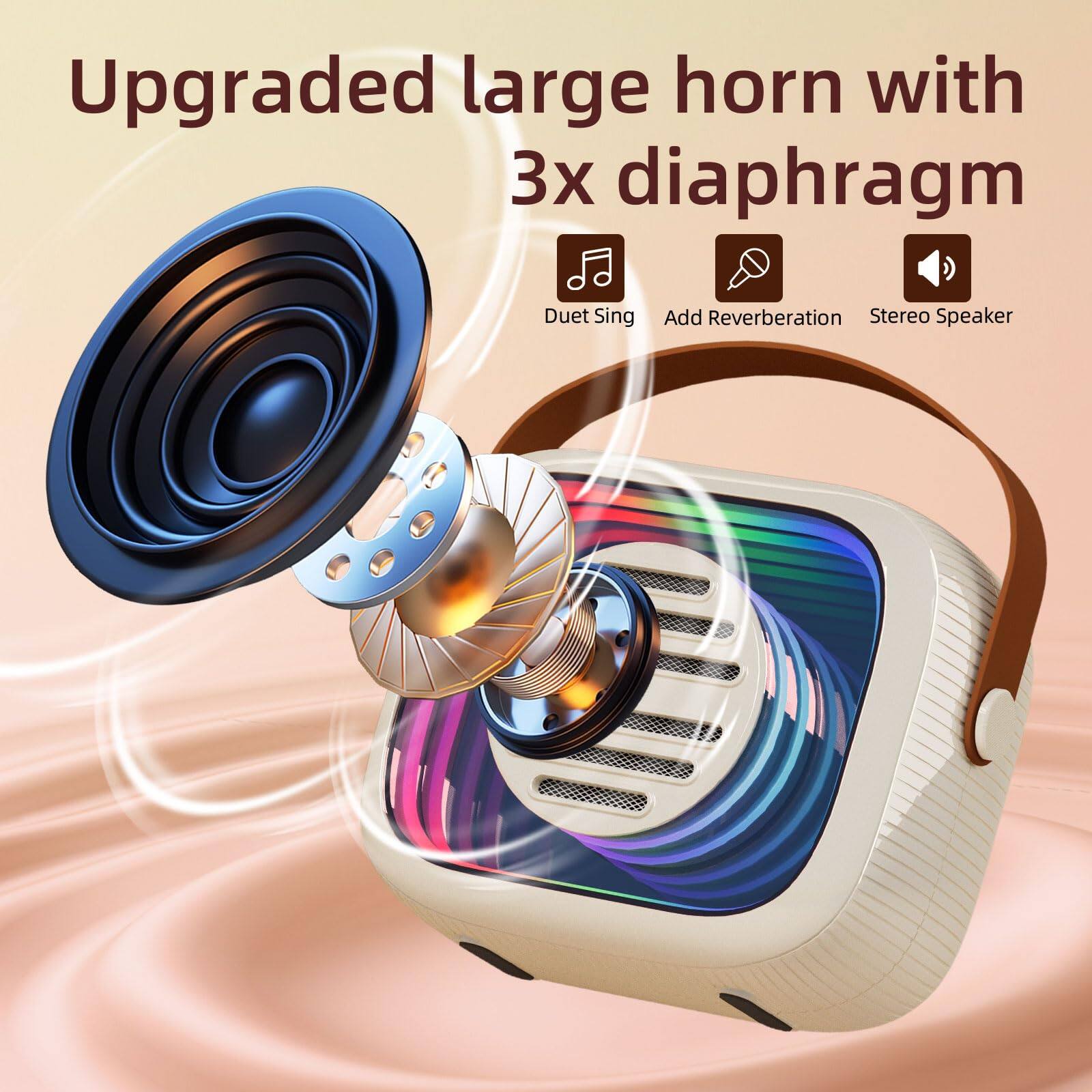Upgraded large horn with 3x diaphragm

- Duet Sing
- Add Reverberation
- Stereo Speaker