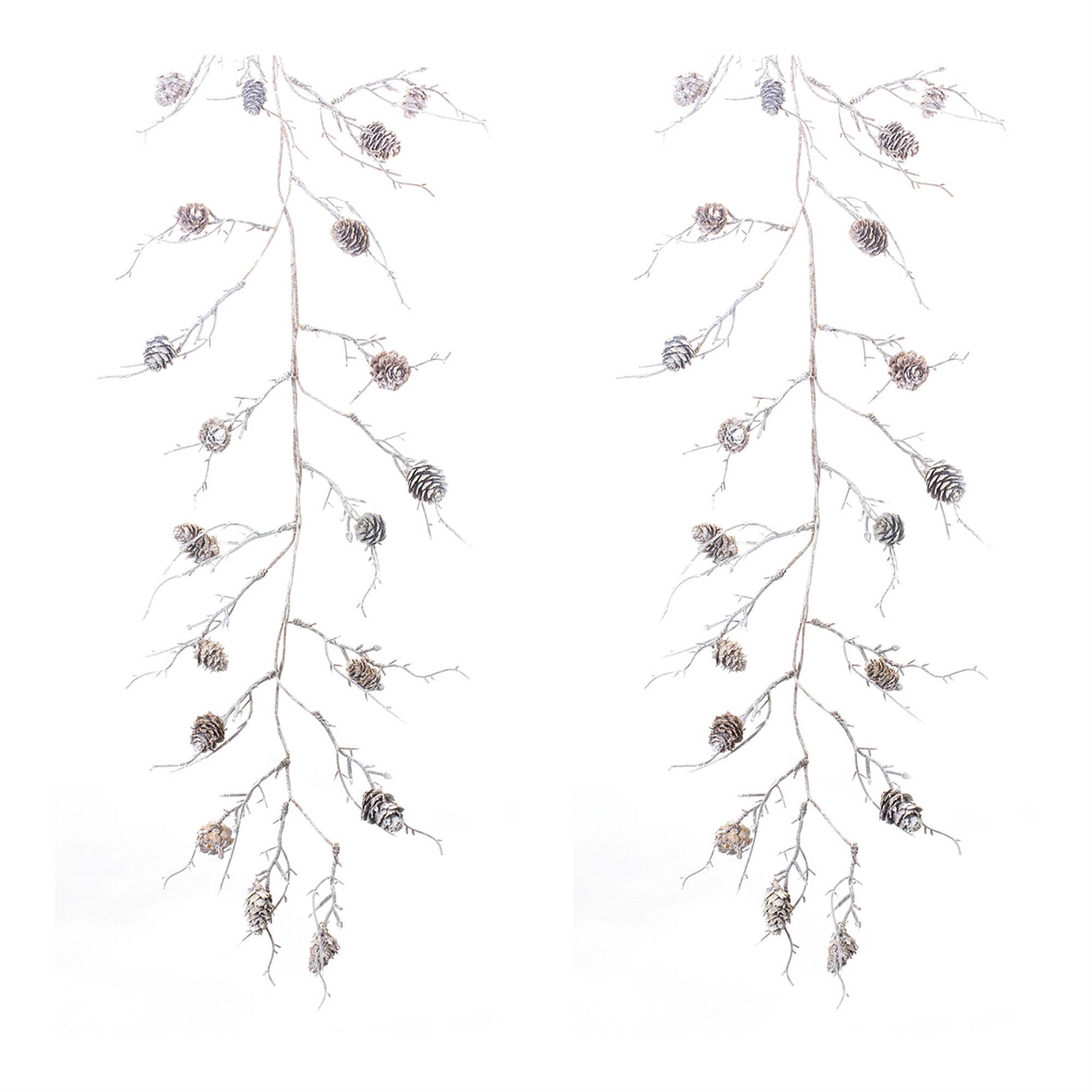 Back. BreeBe - Flocked Pinecone Twig Garland (Set of 2) - Silver.