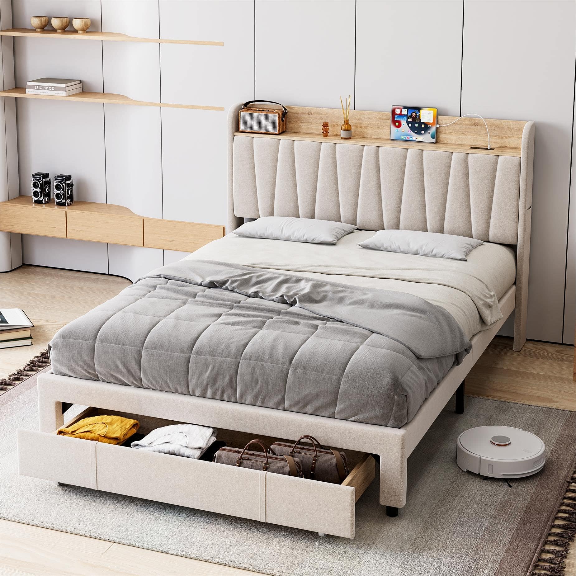Jojoka - Full Size Upholstered Bed Frame with Storage Headboard and Charging Station, Platform Bed Frame with Drawers - Beige