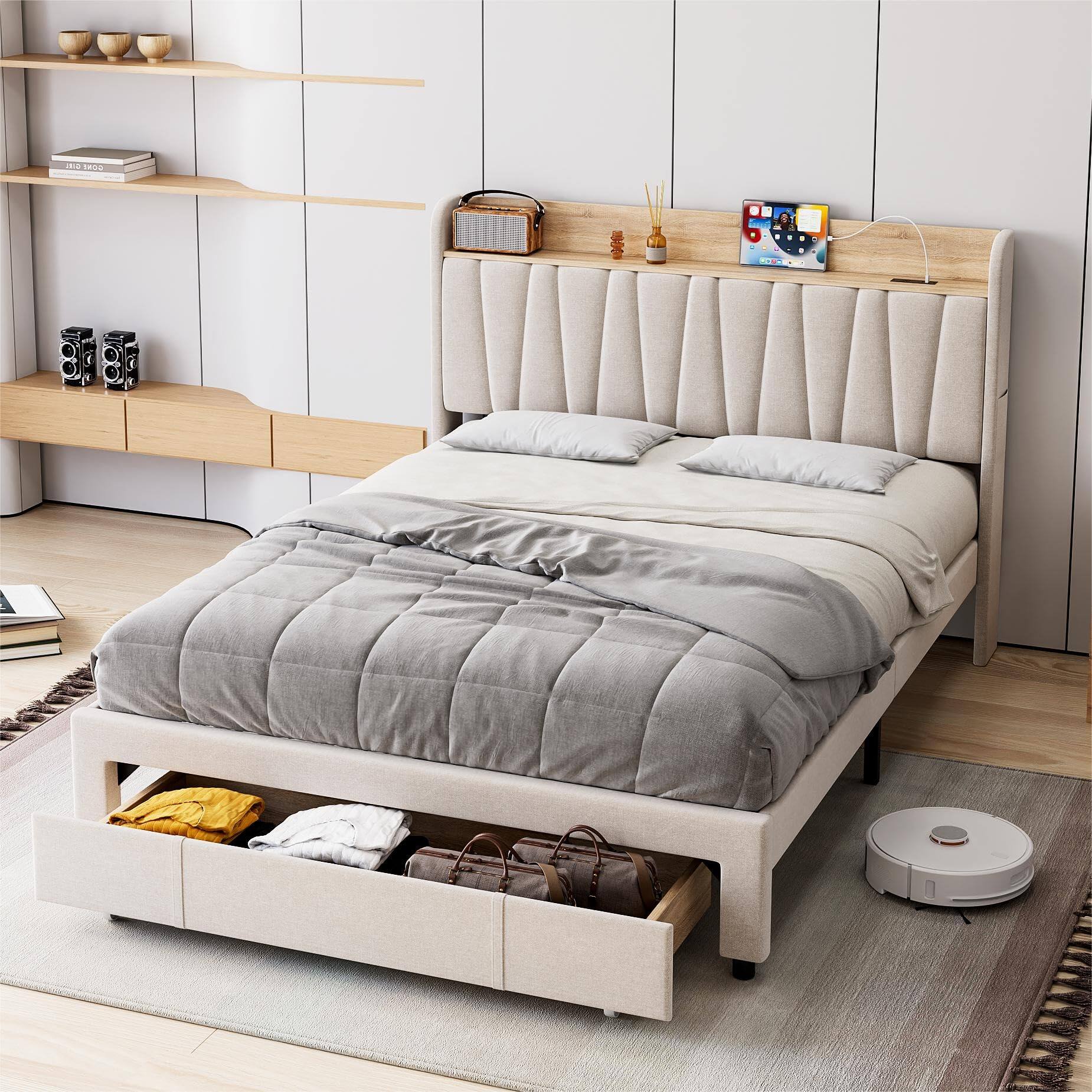 Jojoka - Full Size Upholstered Bed Frame with Storage Headboard and Charging Station, Platform Bed Frame with Drawers - Beige