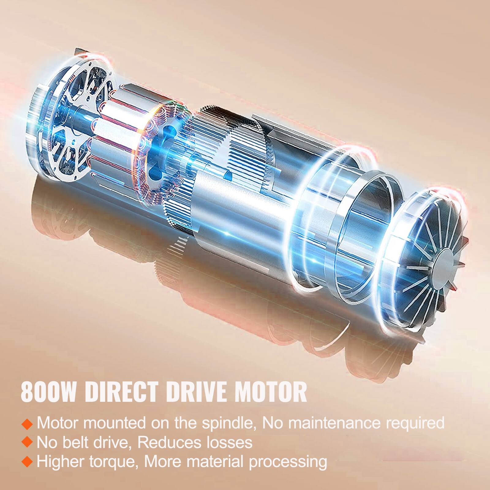 800W DIRECT DRIVE MOTOR

- Motor mounted on the spindle, No maintenance required
- No belt drive, Reduces losses
- Higher torque, More material processing