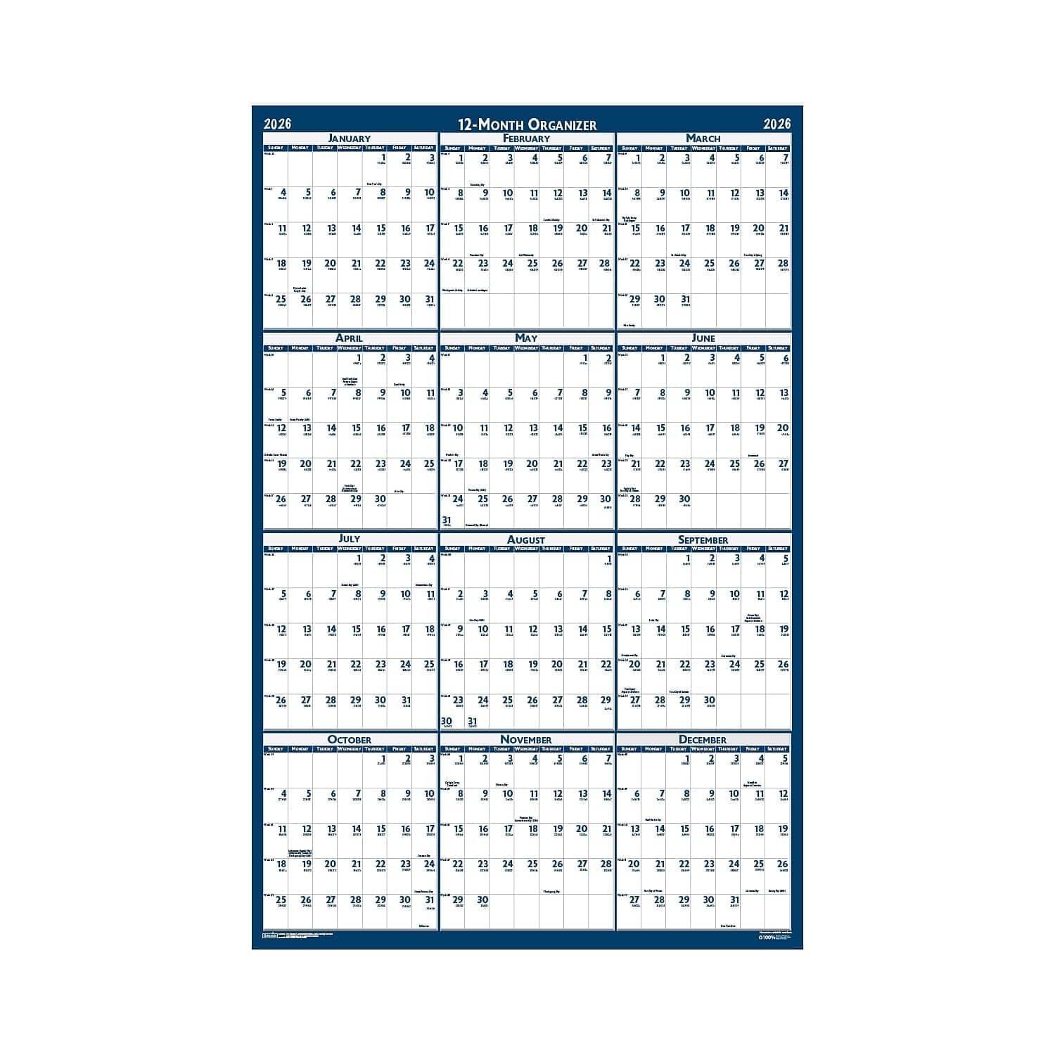 House of Doolittle - Recycled Poster Style Reversible Erasable Yearly Wall Calendar 12 Month January 2026 to December 2026