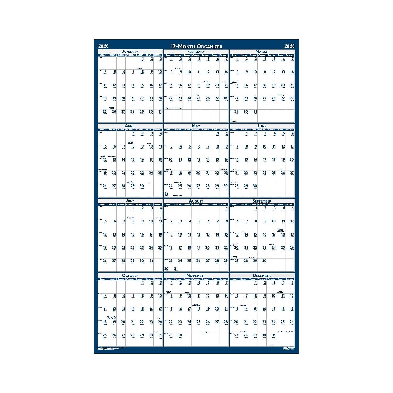 House of Doolittle - Recycled Poster Style Reversible Erasable Yearly Wall Calendar 12 Month January 2026 to December 2026