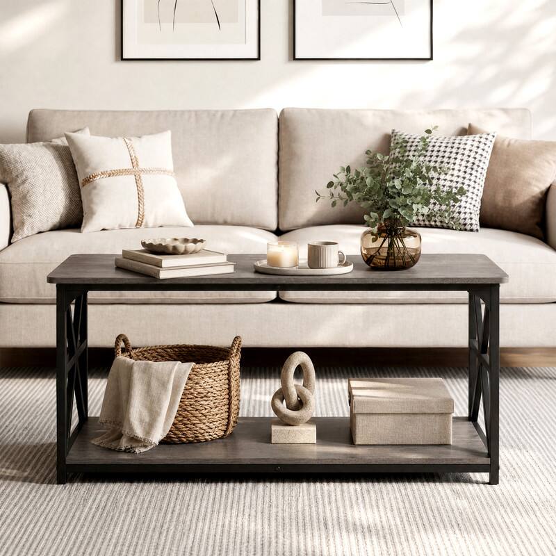 Alt View 4. WELLFOR - 2-Tier Farmhouse Coffee Table with Open Storage Shelf, Center Tables for Living Room - Oak.