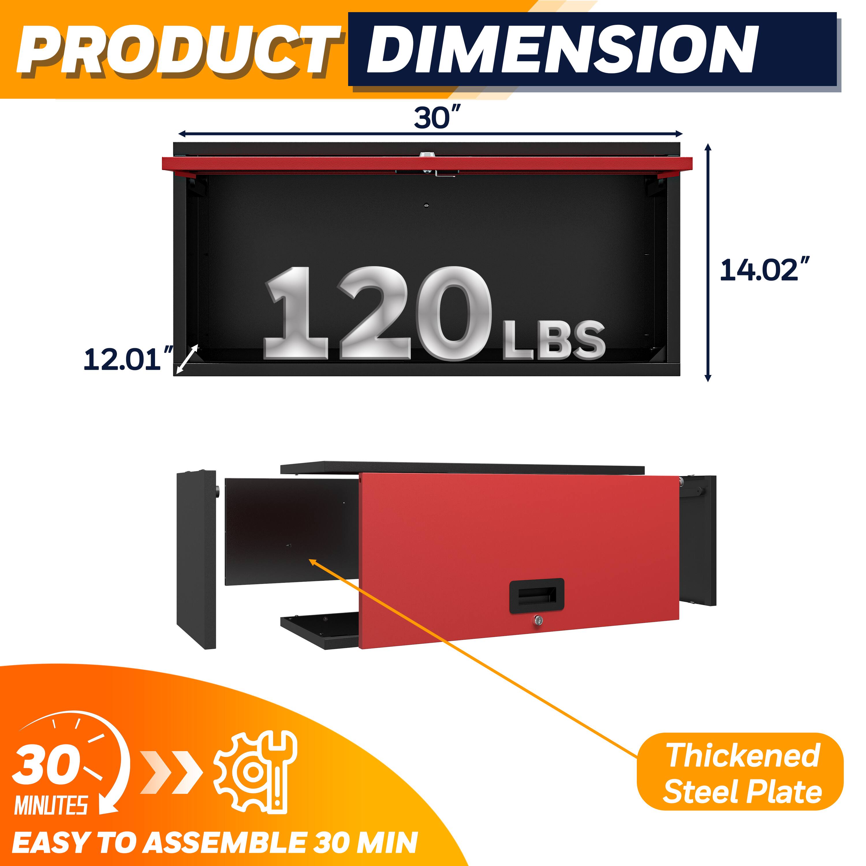 **PRODUCT DIMENSION**

- **30"** (width)
- **12.01"** (depth)
- **14.02"** (height)
- **120 LBS** (weight)

**EASY TO ASSEMBLE 30 MIN**

**Thickened Steel Plate**