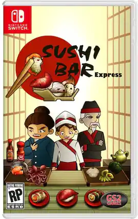 The corrected text is:
Nintendo Switch. Sushi Bar Express. Rating Pending RP. Content Rated by ESRB. GS2 Games. - E (Everyone)