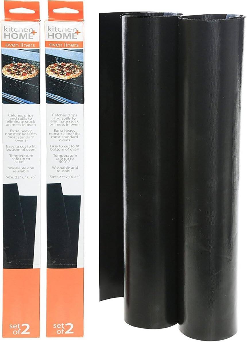 kitchen + HOME  
oven liners  

Catches drips and spills to eliminate stuck on mess in oven  

Extra heavy nonstick liner fits most standard ovens  

Easy to cut to fit bottom of oven  

Temperature safe up to 500°F  

Washable and reusable  

Size: 23" x 16.25"  

set of 2