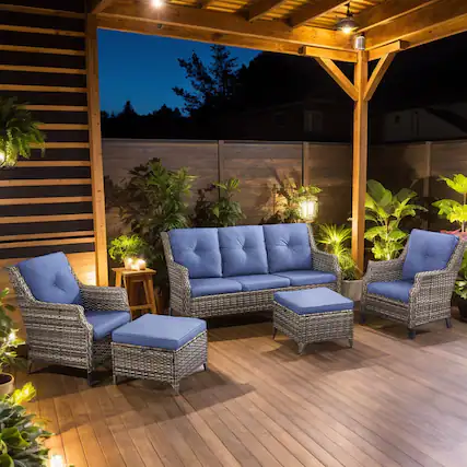 Front. Bestier - 5-Piece Gray Wicker Outdoor Patio Seating Conversation Set Sectional Sofa with Blue Cushions - Blue.