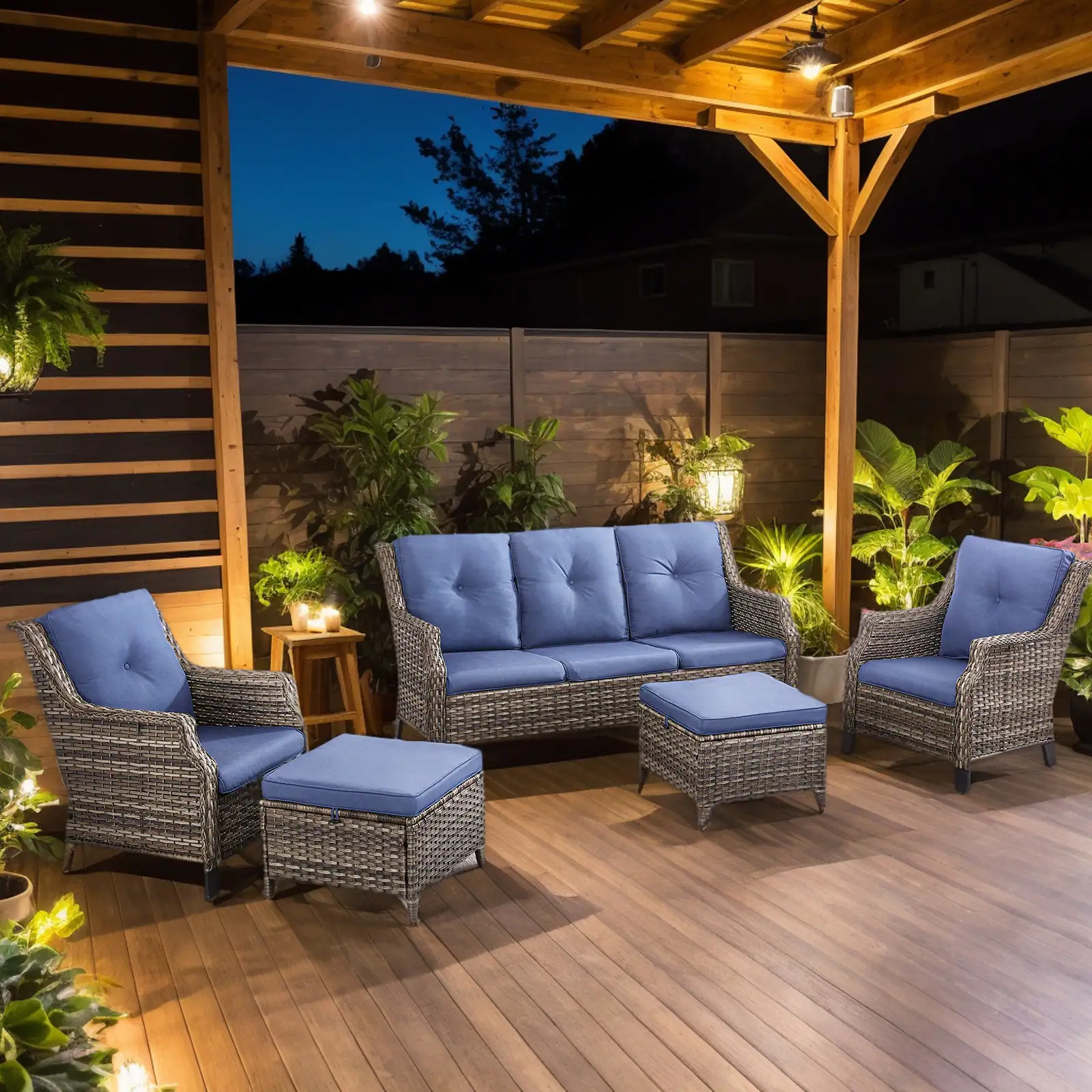 Bestier - 5-Piece Gray Wicker Outdoor Patio Seating Conversation Set Sectional Sofa with Cushions - Blue