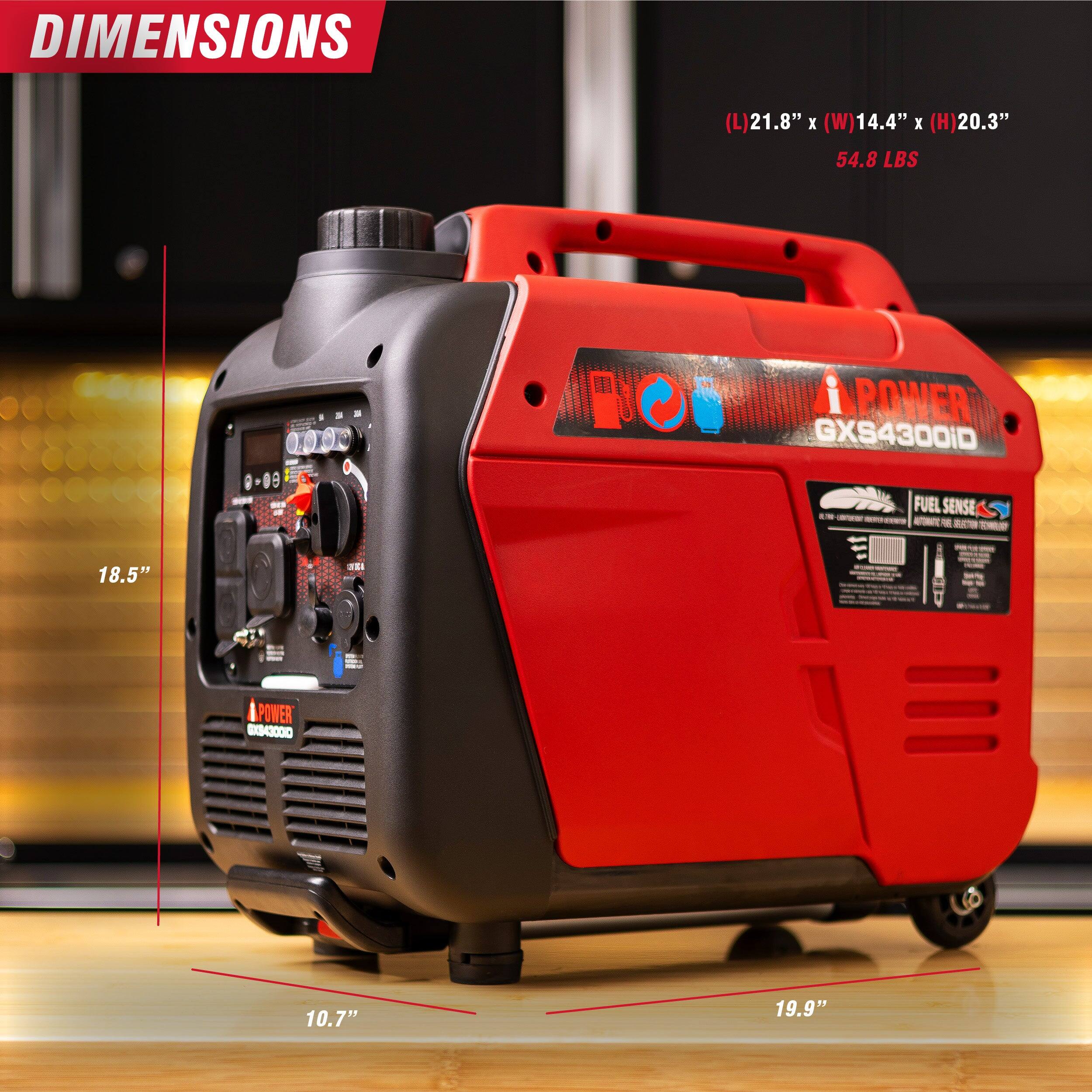 DIMENSIONS (L) 21.8" X (W) 14.4" X (H) 20.3"  
54.8 LBS  

POWER GX54300iD  
FUEL SENSE  

18.5"  
10.7"  
19.9"