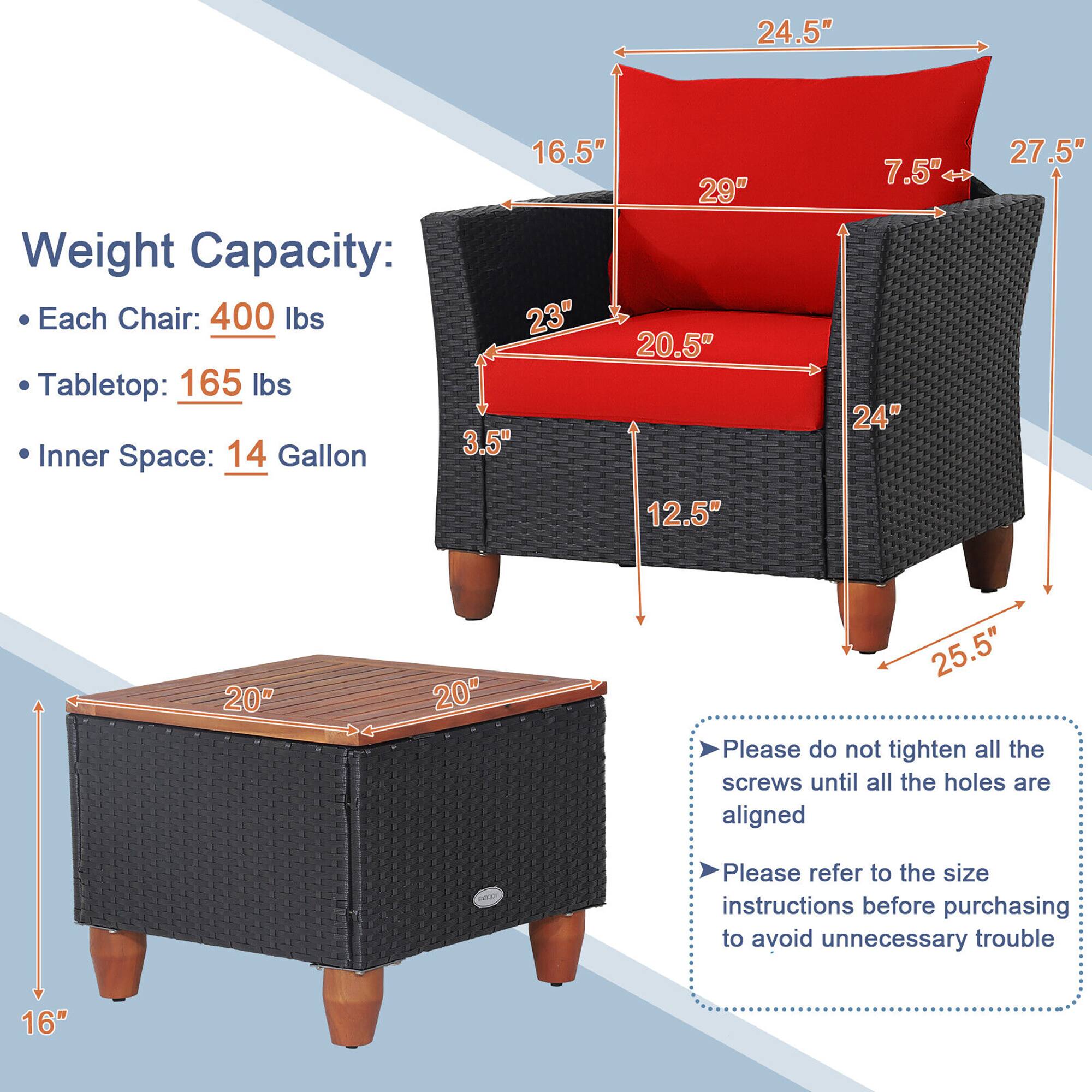 Weight Capacity:
- Each Chair: 400 lbs
- Tabletop: 165 lbs
- Inner Space: 14 Gallon

Dimensions:
- 24.5"
- 16.5"
- 29"
- 23"
- 20.5"
- 7.5"
- 24"
- 27.5"
- 20"
- 20"
- 25.5"
- 16"

Instructions:
- Please do not tighten all the screws until all the holes are aligned
- Please refer to the size instructions before purchasing to avoid unnecessary trouble