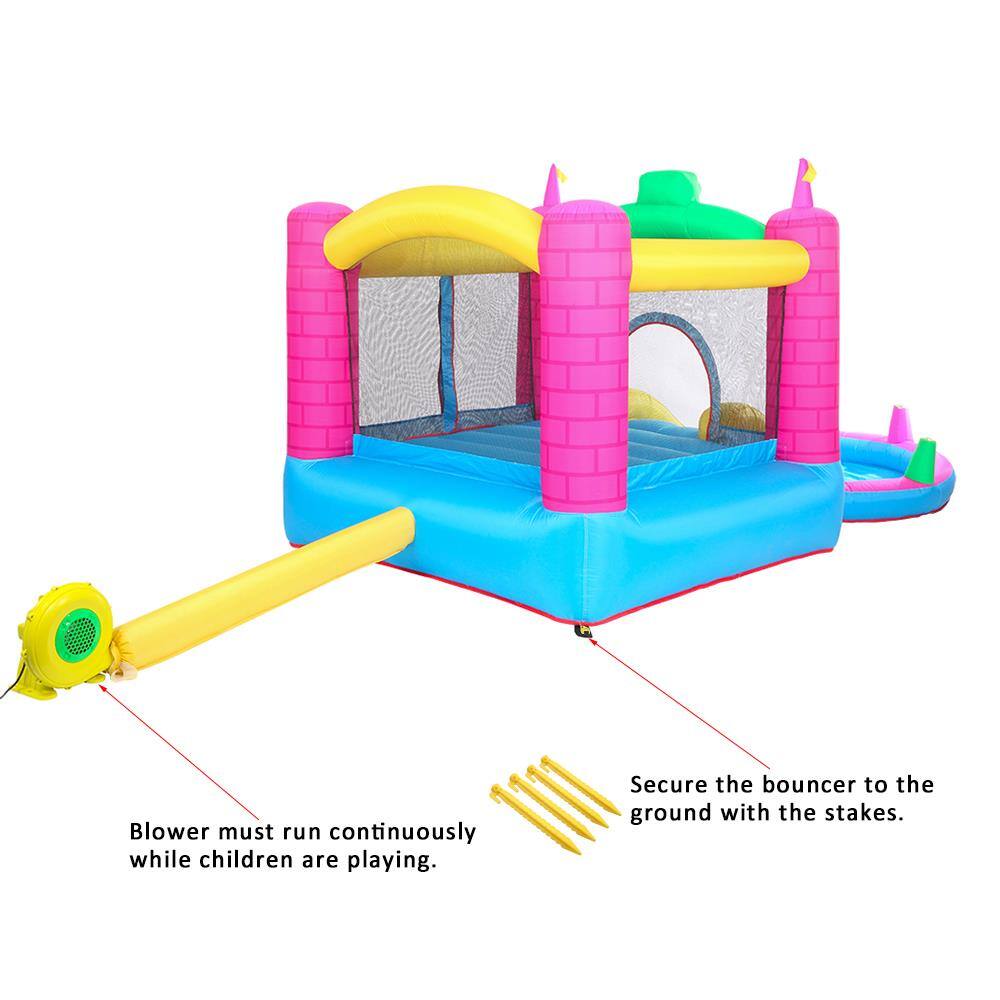 Blower must run continuously while children are playing.  
Secure the bouncer to the ground with the stakes.