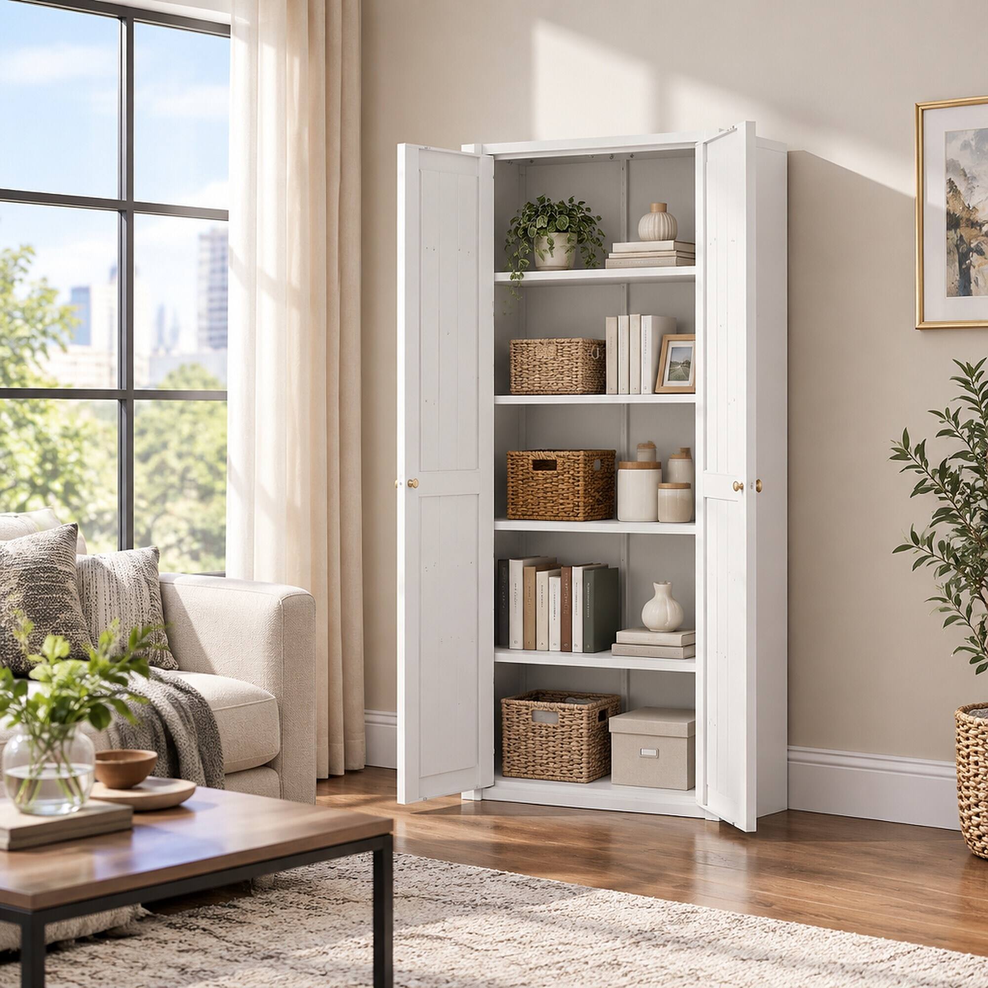 Back. RYHNUYNE - Freestanding Metal Storage Cabinet with 2 Doors and Adjustable Shelves, Steel Kitchen Pantry Cabinet - White.