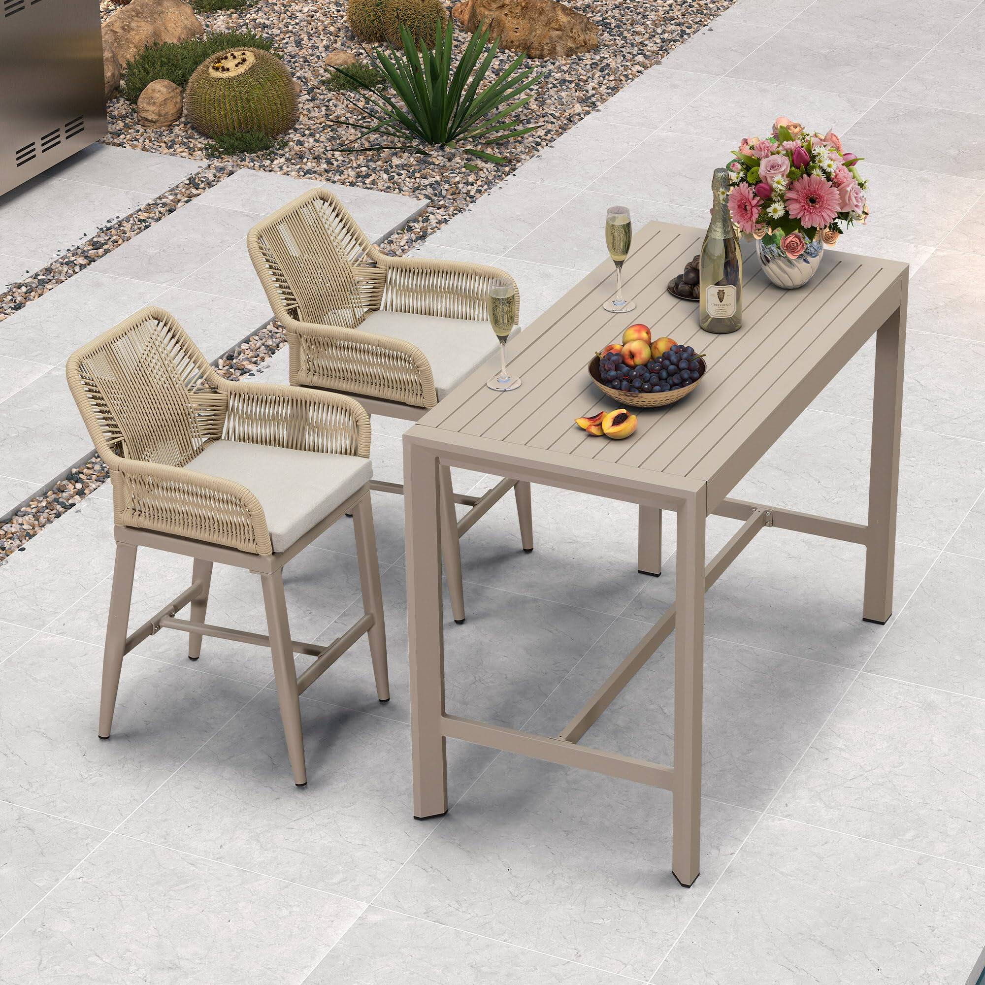 Alt View 7. PURPLE LEAF - Outdoor Counter/Bar Height StoolsRattan Wicker Bar Chairs Woven Aluminum Barstools with Back and Cushions Set of 2 - Champagne-Counter Stool.