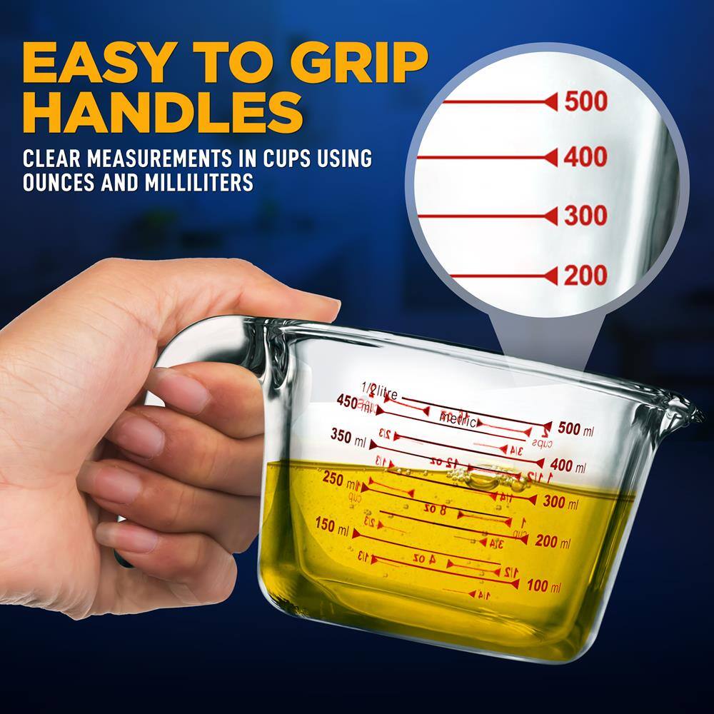 EASY TO GRIP HANDLES  
CLEAR MEASUREMENTS IN CUPS USING OUNCES AND MILLILITERS