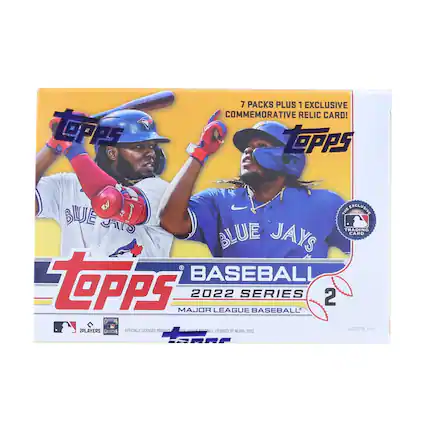 7 PACKS PLUS 1 EXCLUSIVE COMMEMORATIVE RELIC CARD!
Topps BASEBALL 2022 SERIES 2 MAJOR LEAGUE BASEBALL
OFFICIALLY LICENSED PRODUCT
AGES 6+
BLUE JAYS
THE EXCLUSIVE TRADING CARD
LICENSED BY MLBPA, 2022
