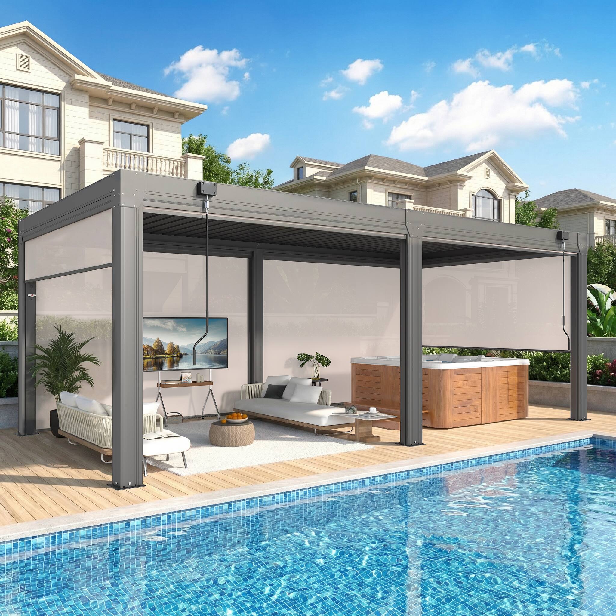 U-HOMY - 10'x20' Outdoor Louvered Pergola - Features Adjustable Aluminum Roof & Drop-Down Curtains - Dark Gray