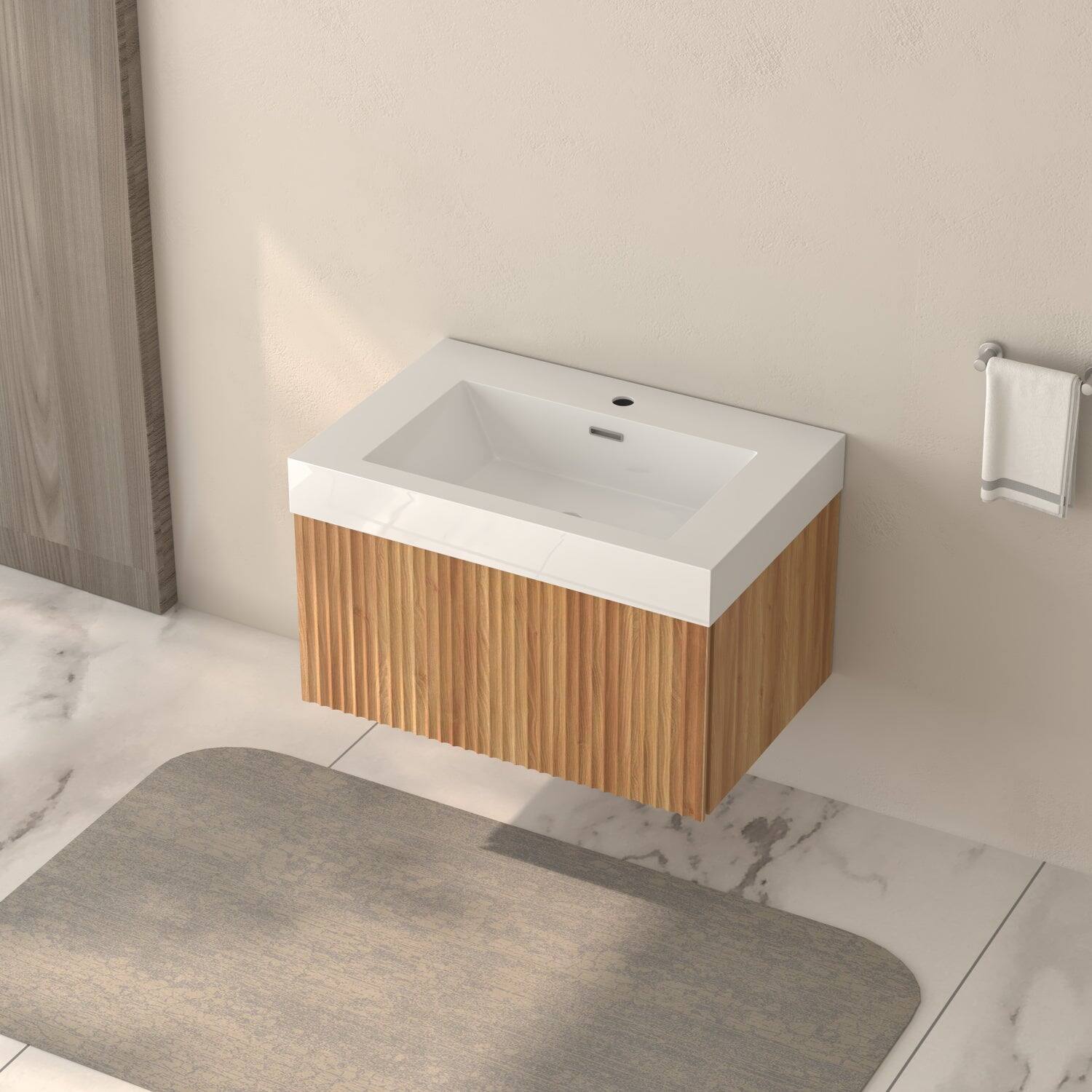 Alt View 9. Boyel Living - 30 in Wall-Mounted Bathroom Vanity with Integrated Basin Plywood Cabinet Modern Minimalist Floating Design Acacia Finish - Acacia.
