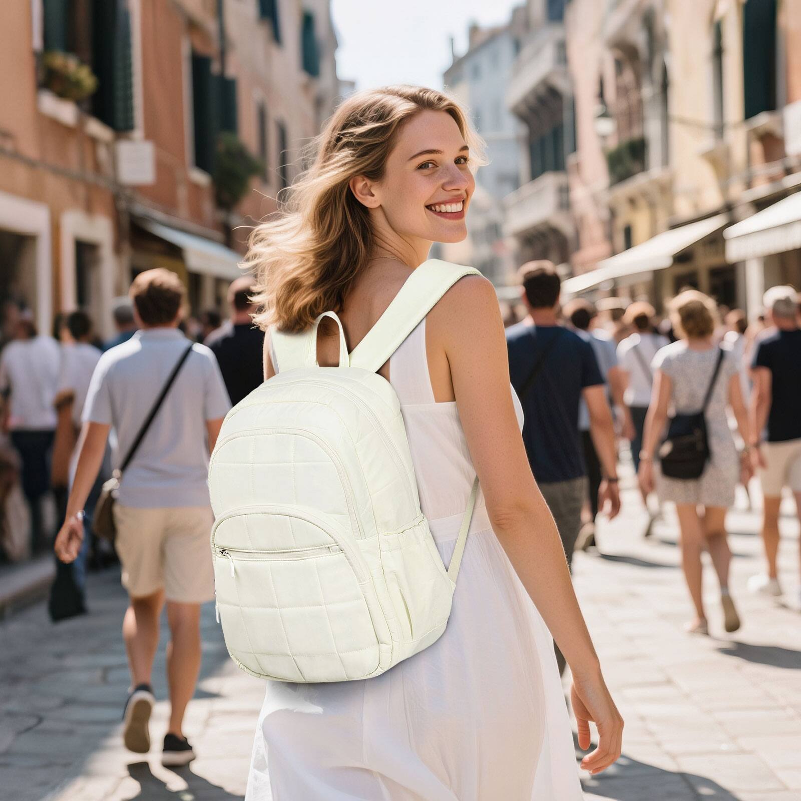 Alt View 1. Unique Bargains - Quilted Laptop Backpack for Women, Casual Work Daypack for 15.6" Laptop, Travel Bag with Luggage Strap - Beige.