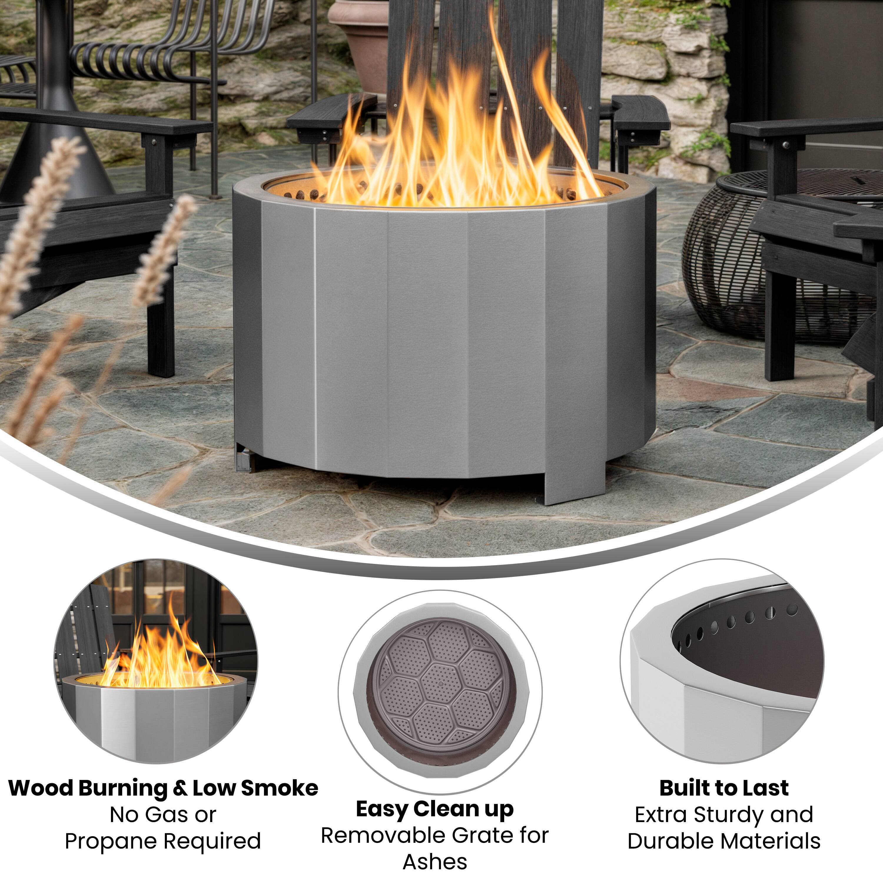 Wood Burning & Low Smoke  
No Gas or Propane Required  

Easy Clean up  
Removable Grate for Ashes  

Built to Last  
Extra Sturdy and Durable Materials