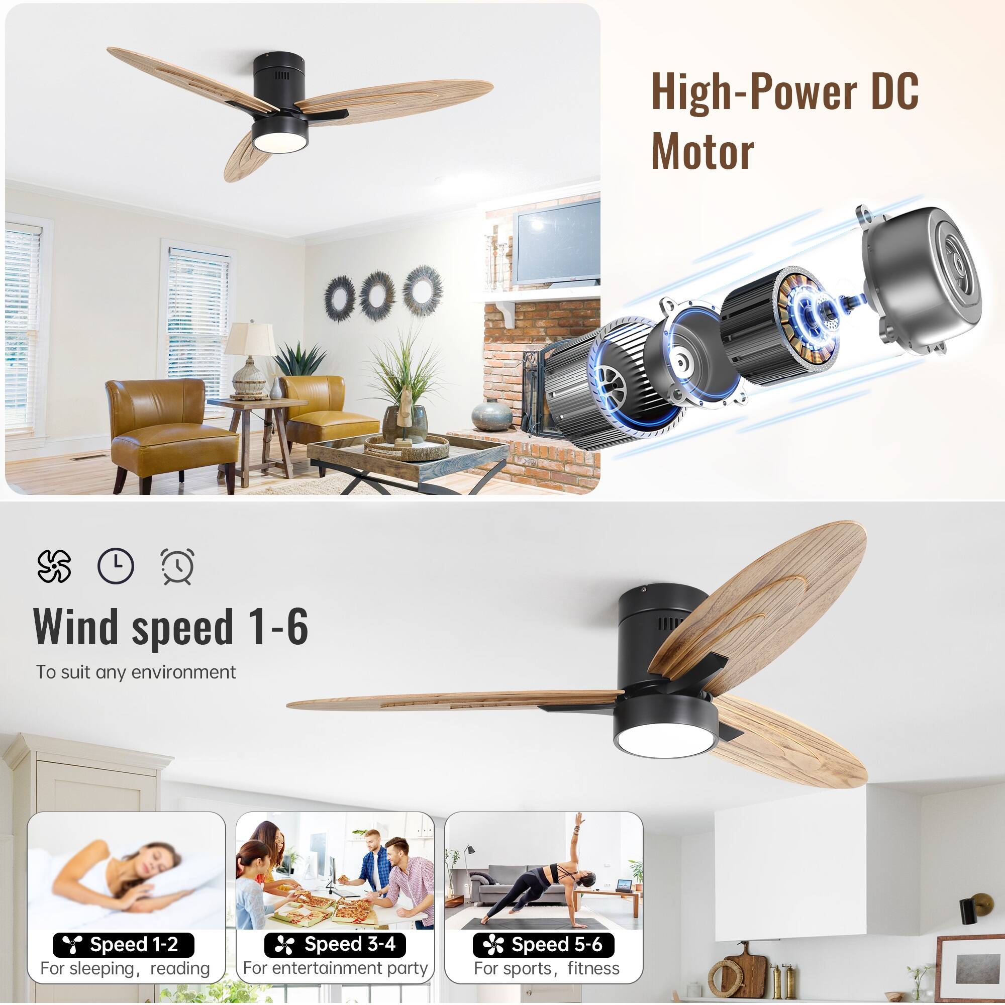 High-Power DC Motor

Wind speed 1-6  
To suit any environment

Speed 1-2  
For sleeping, reading

Speed 3-4  
For entertainment party

Speed 5-6  
For sports, fitness