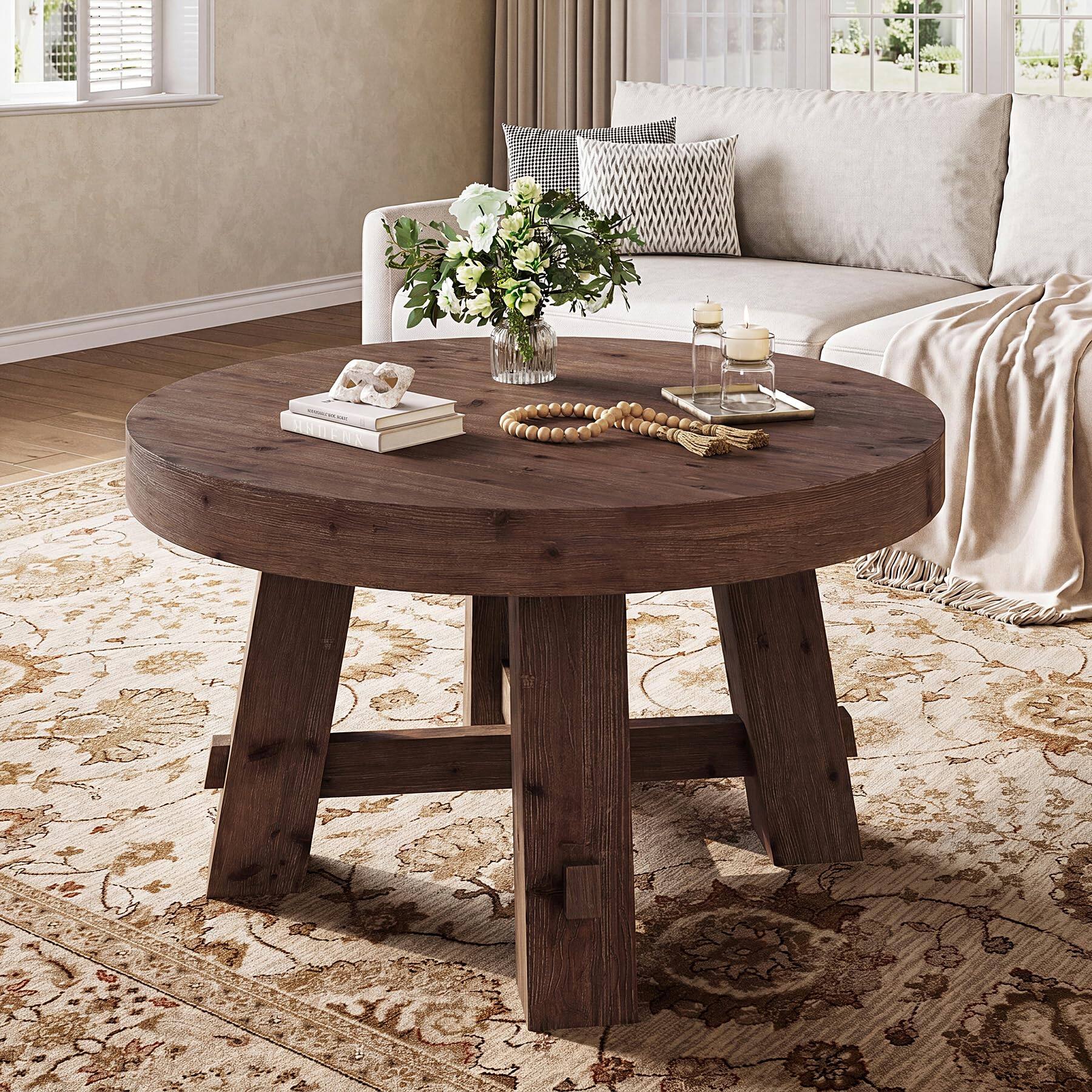 Alt View 5. Tribesigns - 31.5 Inch Round Solid Wood Coffee Table, Walnut Center Table - Walnut Brown.