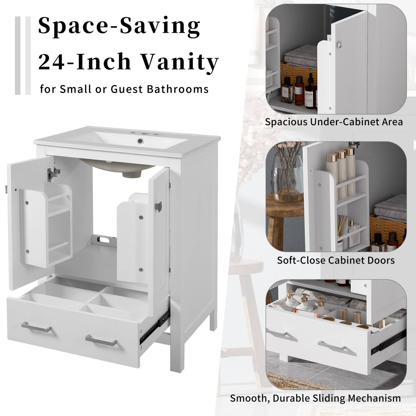 Space-Saving 24-Inch Vanity for Small or Guest Bathrooms

- Spacious Under-Cabinet Area
- Soft-Close Cabinet Doors
- Smooth, Durable Sliding Mechanism