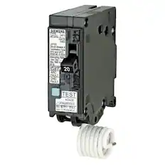 SIEMENS TYPE QFGA2 40C HACR SWD LISTED Circuit Breaker & Combination Type AFCI and GFCI ISSUE NO. X-XXXX Interrupting Rating 10kA 120V 2 Max. RMS Sy 60 Hz CAFCUGFO CLASS A 20 ARC FAULT GND FAULT TEST AOA00 J1209260003 Wire 6015-C 25 bin AWG CU #148AL128 CL I