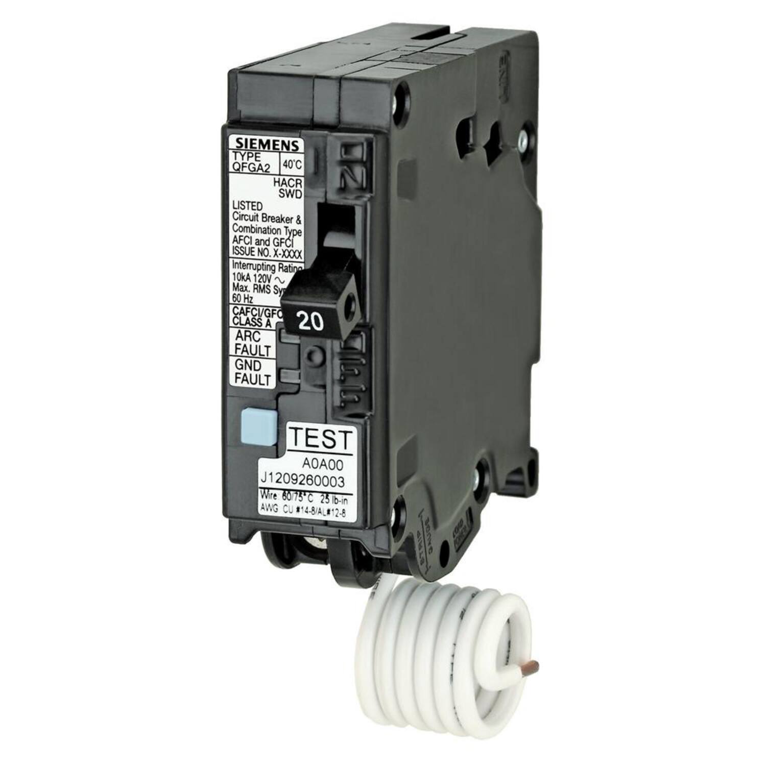 SIEMENS TYPE QFGA2 40C HACR SWD LISTED Circuit Breaker & Combination Type AFCI and GFCI ISSUE NO. X-XXXX Interrupting Rating 10kA 120V 2 Max. RMS Sy 60 Hz CAFCUGFO CLASS A 20 ARC FAULT GND FAULT TEST AOA00 J1209260003 Wire 6015-C 25 bin AWG CU #148AL128 CL I